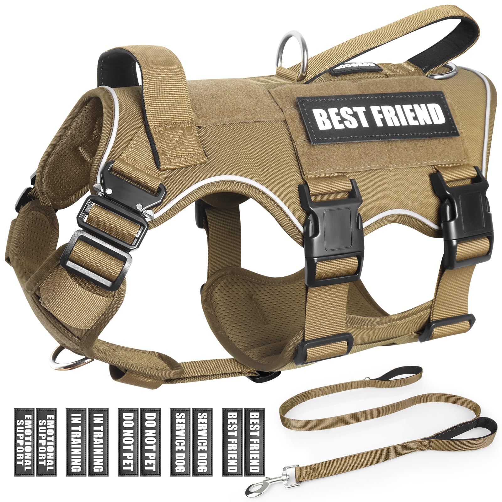 Service Dog Vest and Leash Set,Heavy Duty Tactical Dog Harness with Metal Buckles for Medium Sized Dogs,Adjustable No-Pull Dog Harness with 10 Patches for Training Working Hiking,Brown M
