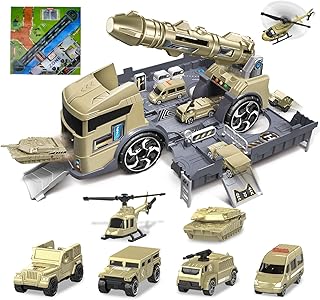 deAO Army Toys Military Truck with 6 PCS Model Cars Helicopter, Tank, Jeep, Panzer, Anti-Air Vehicle, Garage & Map, 2-in-1 Transform Toy Military Vehicles, Army Toy Car Gift for Boys Kid Age 5 6 7 8 9