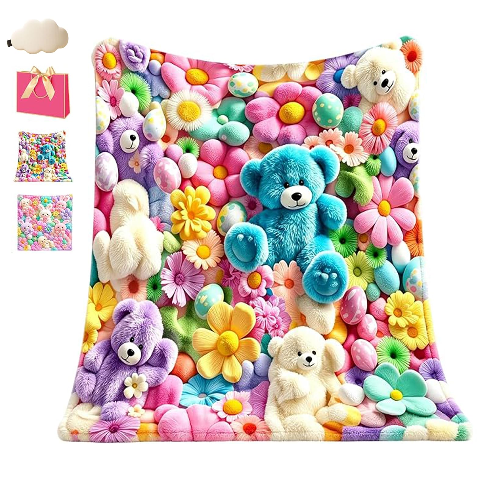 Teddy Pastel Floral Print Throw Blanket, Pastel Teddybear Blanket (A,50*60)