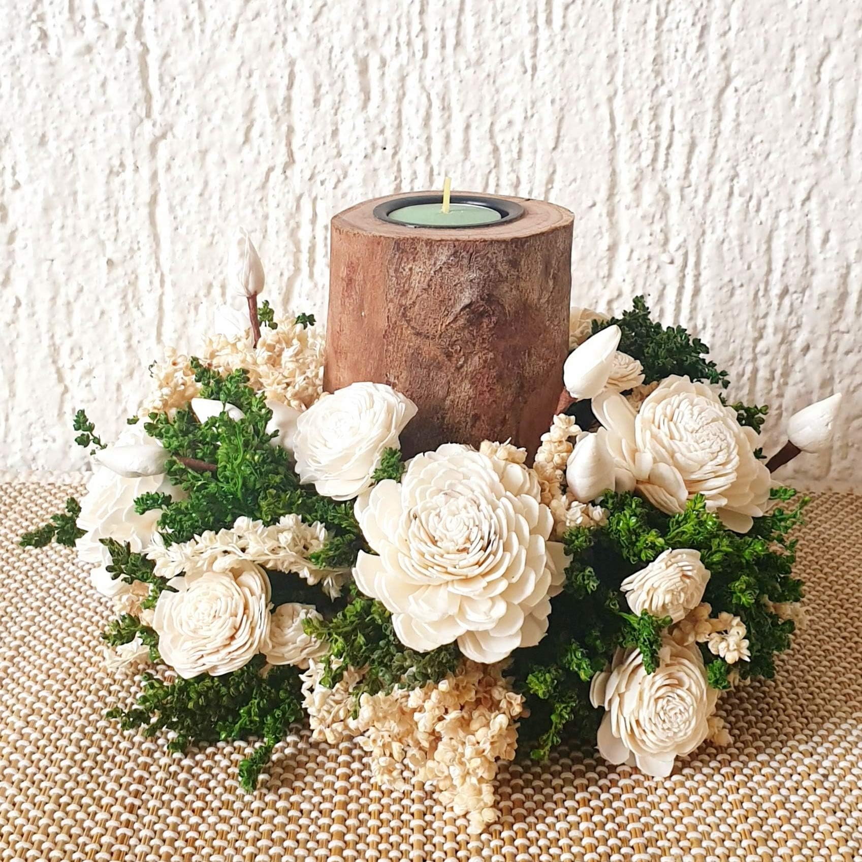 forestkraft Natural Botanical Material Candle Stand With Flowers, Pack of 1 Log Pillar Candle Stand, 1 Tealight Candle And 1 Flower