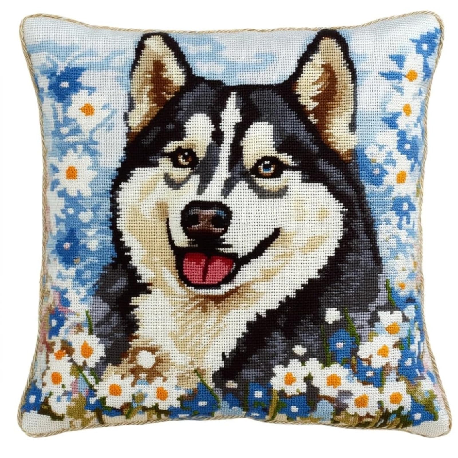 WallustrioaW DIY Cross Stitch Pillow Kit,Husky and Flower,Cushion Kit Needlepoint Craft Set Cushion Pre Printed Handmade Needle Pillow Cover,45x45cm