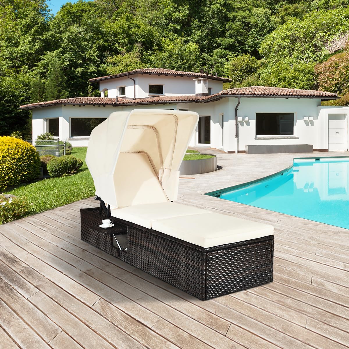 COSTWAY Patio Rattan Lounge Chair Chaise Cushioned Top Canopy Adjustable W/Tea Table