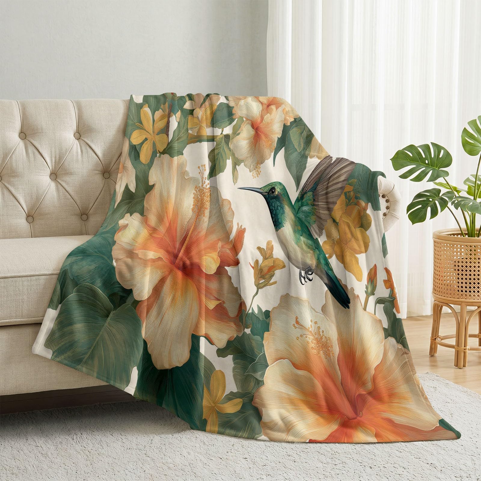 Akwarela kwiatowy koc polarowy 200 x 200 cm, miękki koc ciepło wygodny flanelowy nadruk tropikalne liście kolibra dla dorosłych i dzieci, koce hipoalergiczny, beżowy