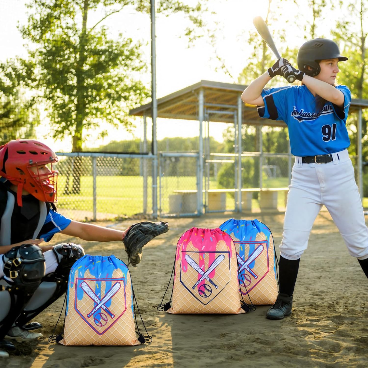 AmazingSpark 16 Pcs Baseball Ice Cream Drip Drawstring Party Favor Gift Bags 13.8 x 16.5 in Large Baseball Team Ice Cream Drip Goodie Treat Snack Gift Bags for Sport Team Birthday Theme Party Supplies