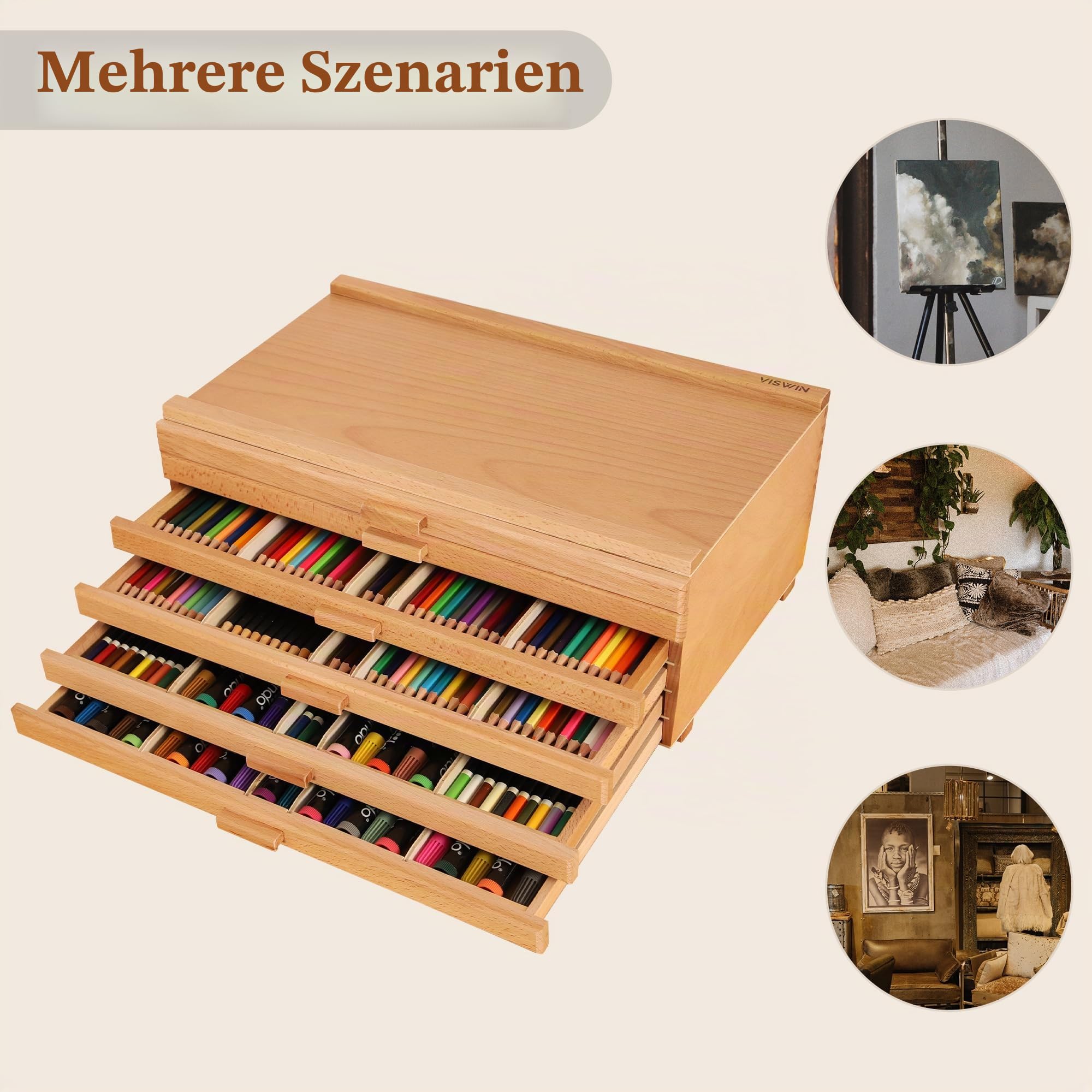 VISWIN 6-Schublade Holz Künstler Aufbewahrungsbox mit abnehmbaren Trennwänden, Buche, tragbarer Organizer für Farben, Stifte, Pinsel