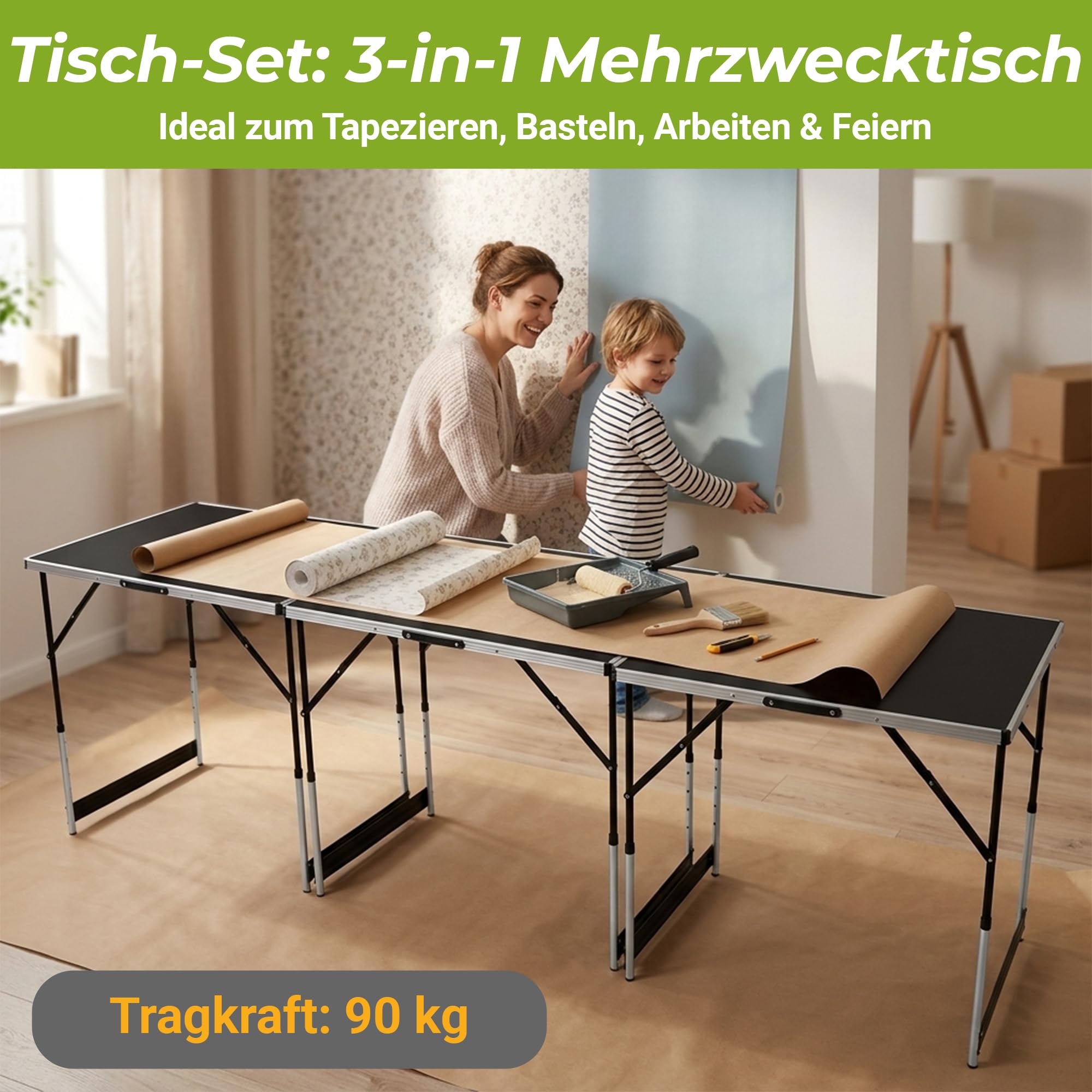 Mamba Tapeziertisch 3-teilig klappbar – Multifunktionstisch Set 100 x 60 cm, höhenverstellbar (75 – 94 cm), Alu-Rahmen, 90 kg Tragkraft, Power-Verstrebung – Flohmarkttisch Campingtisch Arbeitstisch