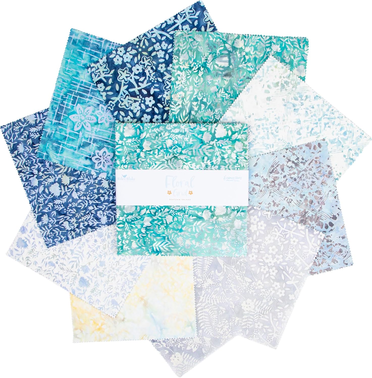 Expressions Batiks Floral Grid Seafoam Splash 42 10-inch Squares Layer Cake Riley Blake 10-23465A-42
