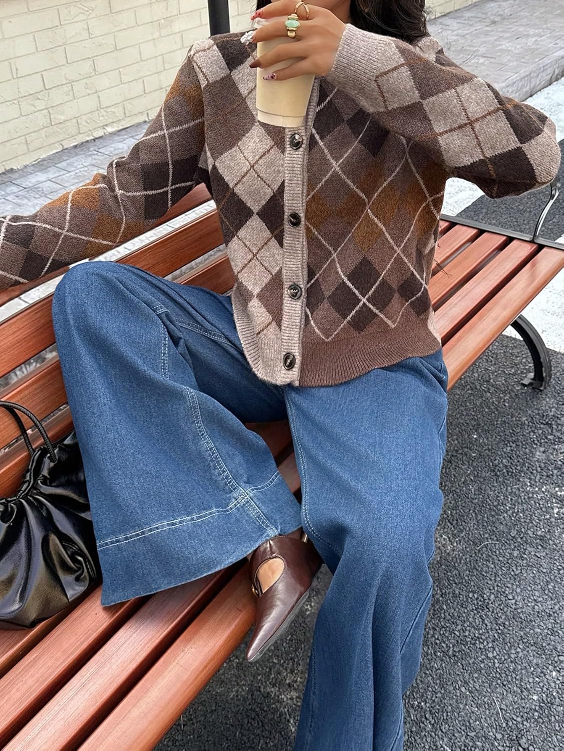 WDIRARA Women's Argyle Sweaters Cardigan Crew Neck Long Sleeve Button Down Knit Outerwear - Image 6