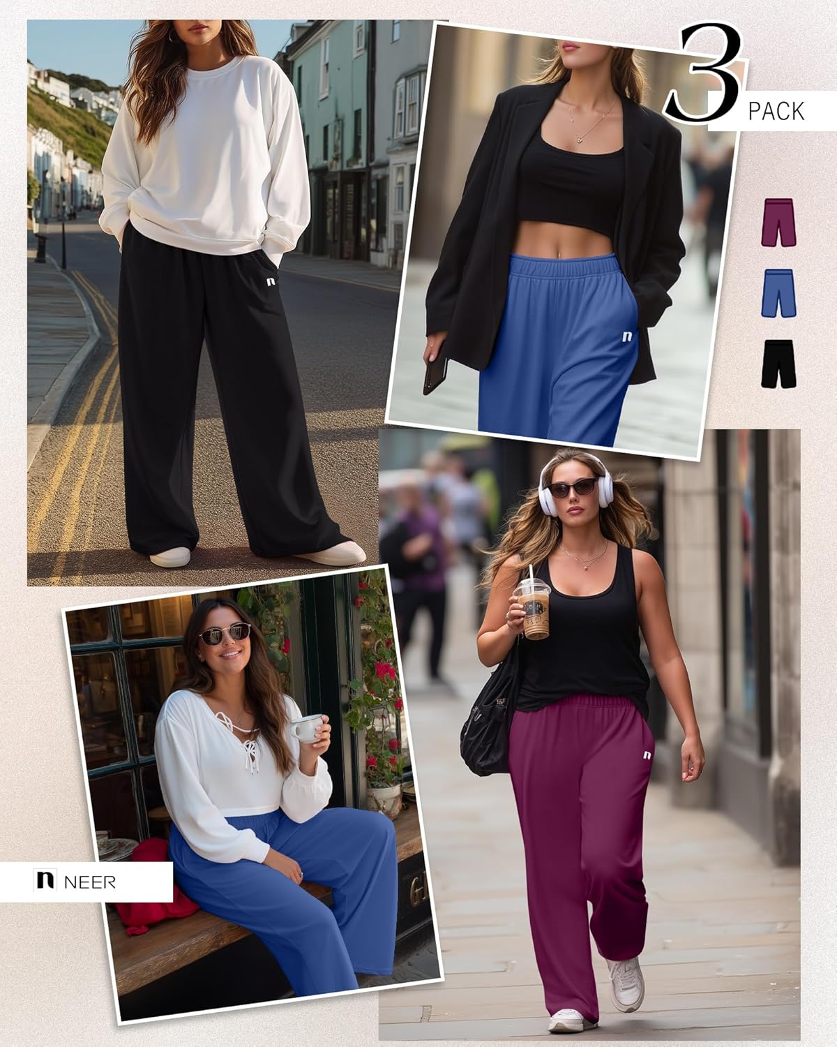 Neer 3 Packs Women's Plus Size Wide Leg Sweatpants High Waist Elastic Waistband Lounge Pants with Pockets - Image 5
