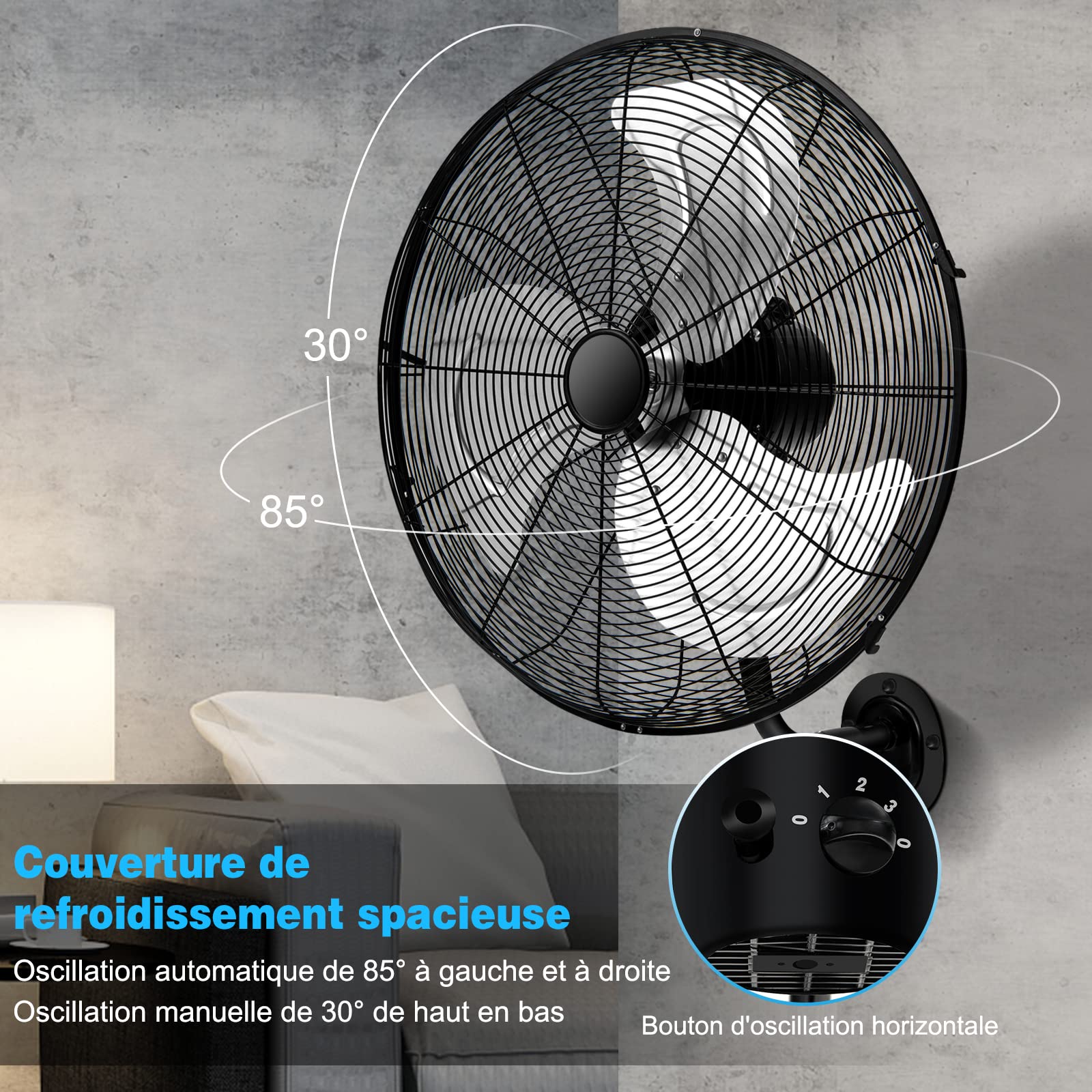 RELAX4LIFE Ventilateur Mural Industriel Dia.55CM à 3 Vitesses, Ventilateur Mural Oscillant 120W, Rotation Horizontale Verticale, Cadre en Fer et Pale en Alu (Noir)