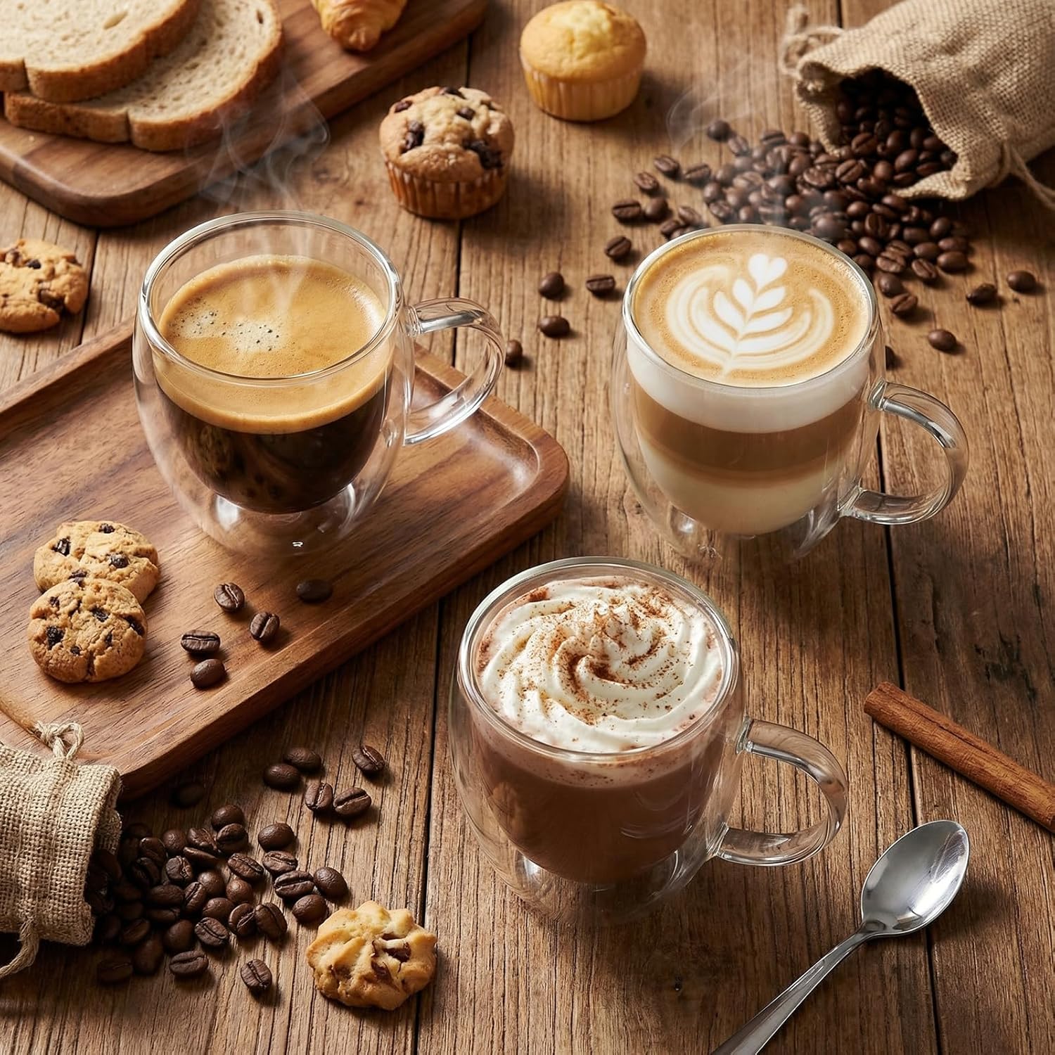 8 Pack Espresso Cups Double Wall 5oz Hand Blown Glass Coffee Mugs Clear Insulated Glass Coffee Shots Cups with Handle for Espresso Machine, Cappuccino, Latte, Tea - Image 3