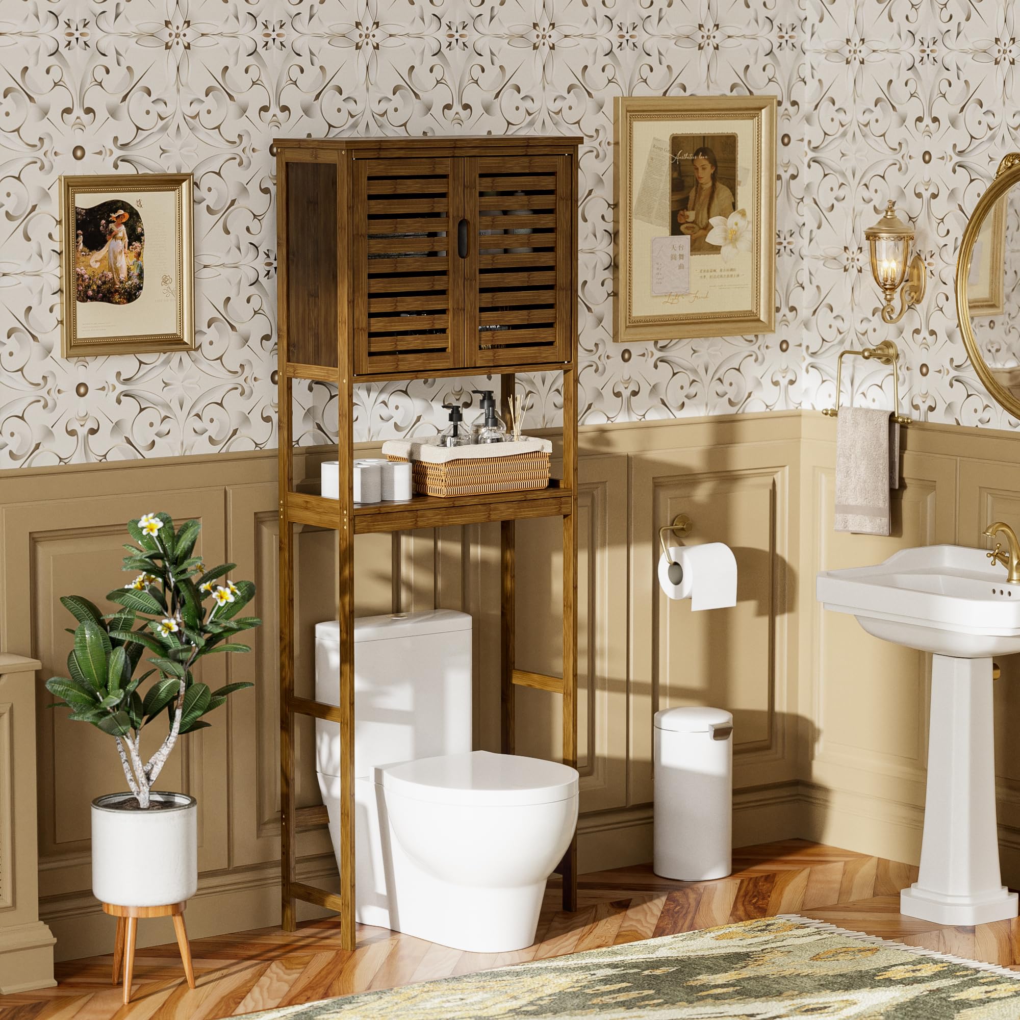 SMIBUY Bad Lagerung Regal mit Schrank, Bambus über die Toilette Veranstalter Rack, freistehende Toilette Platzsparer mit 3-Tier verstellbare Regale (Walnuss)