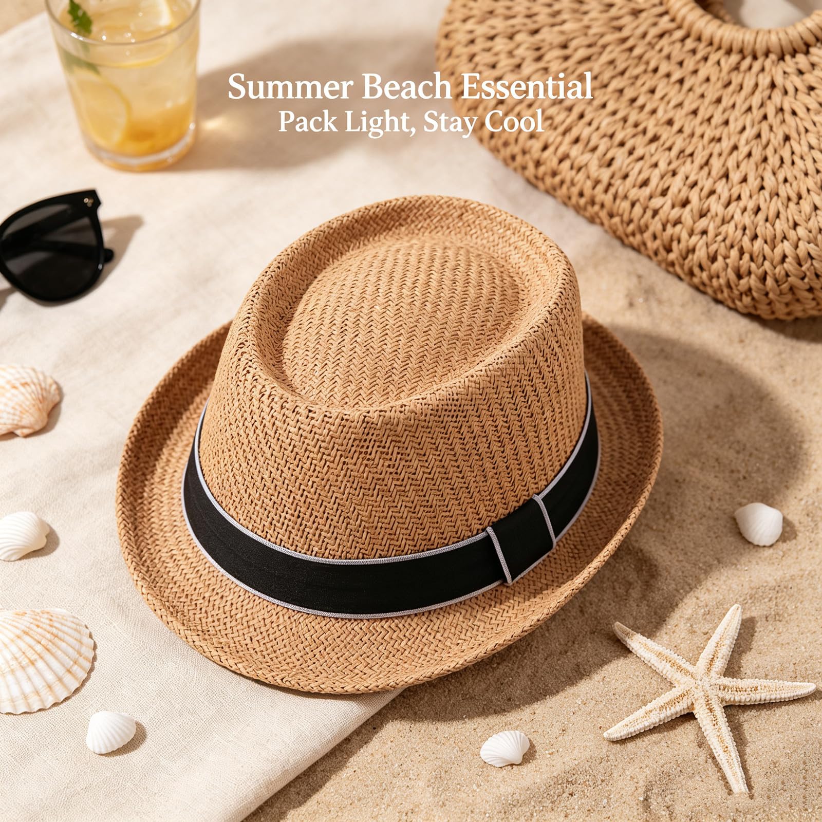 HEYANN Pork Pie Chapeau de paille pour homme Pork Pie Fedora 58 cm Chapeau d'été pour hommes et femmes, bowler plat protection solaire chapeau classique