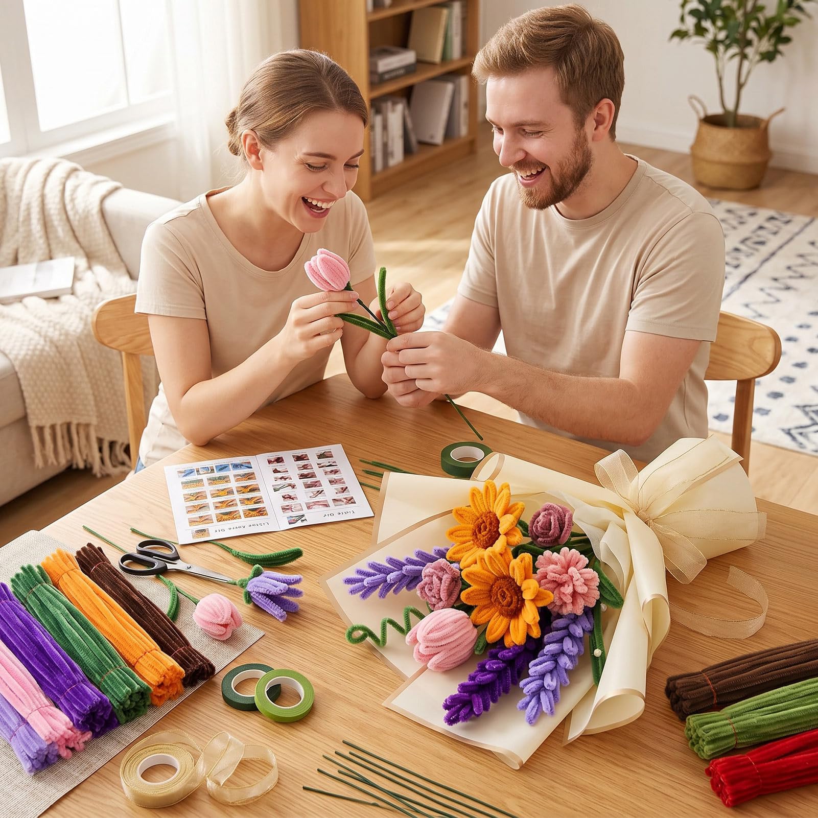 Lot de 1000 cure-pipes à fleurs pour bricolage, 16 couleurs, fil chenille avec fil de fleurs, perles, papier cadeau et accessoires pour décoration de bouquet de fleurs DIY