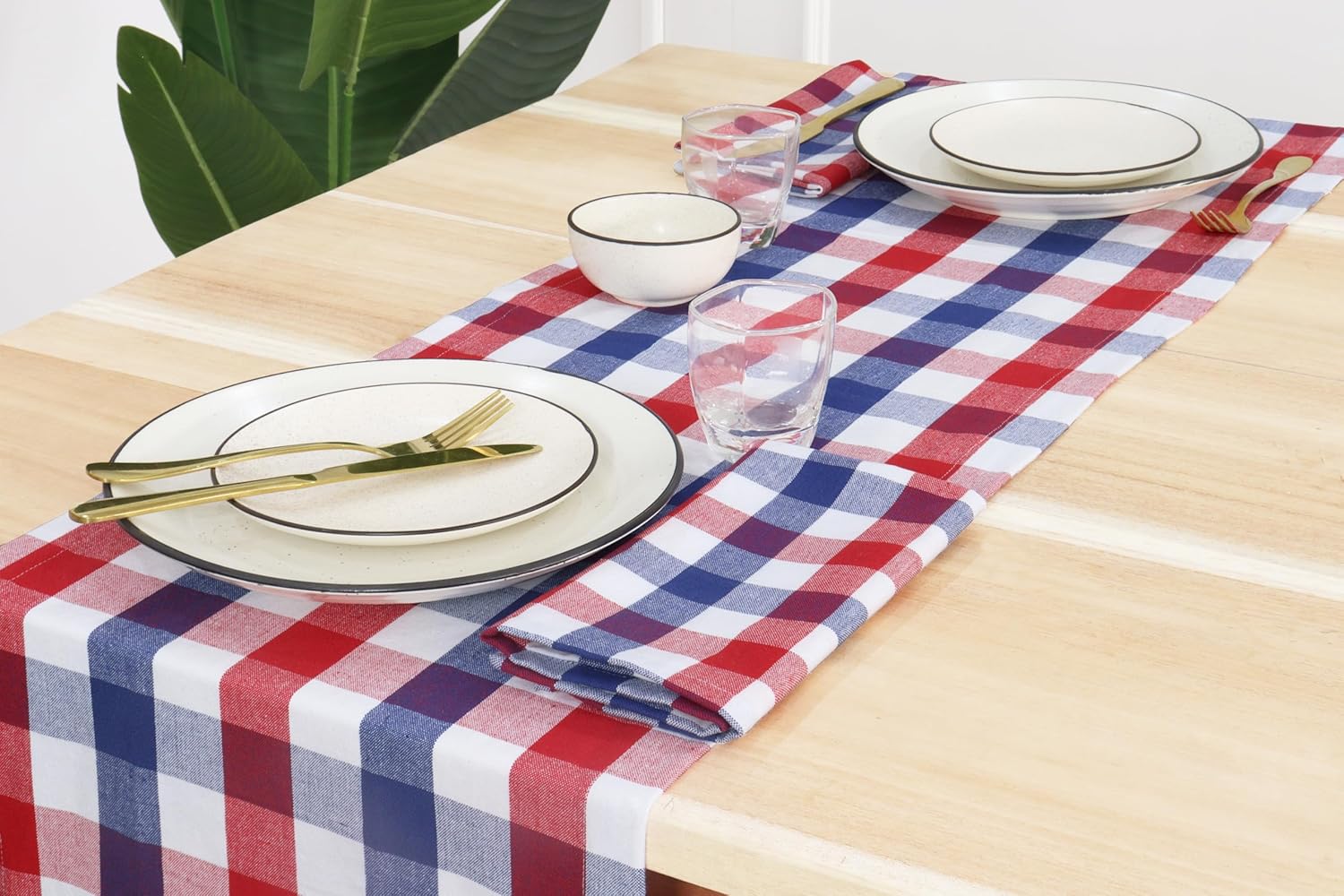 PurpleEssences 4th of July Buffalo Plaid Cloth Napkins (Set of 12 18X18 Inch) and Table Runner (14 x 108 inch Pack of 1) - 100% Cotton - Red White Blue