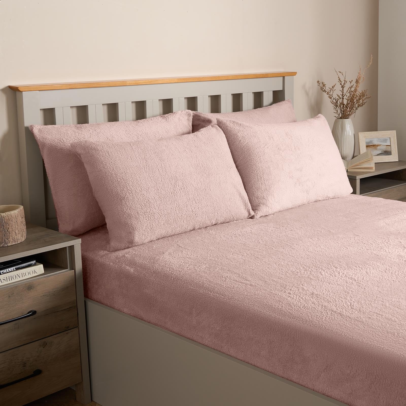 OHS Teddy Fleece Pillow Cases 2 Pack, Side Sleeper Warm Cosy Soft Teddy Bear Pillow Cases 2 Pack Fluffy Fleece Hotel Quality Thermal Pillowcases Luxury Bedding, Blush