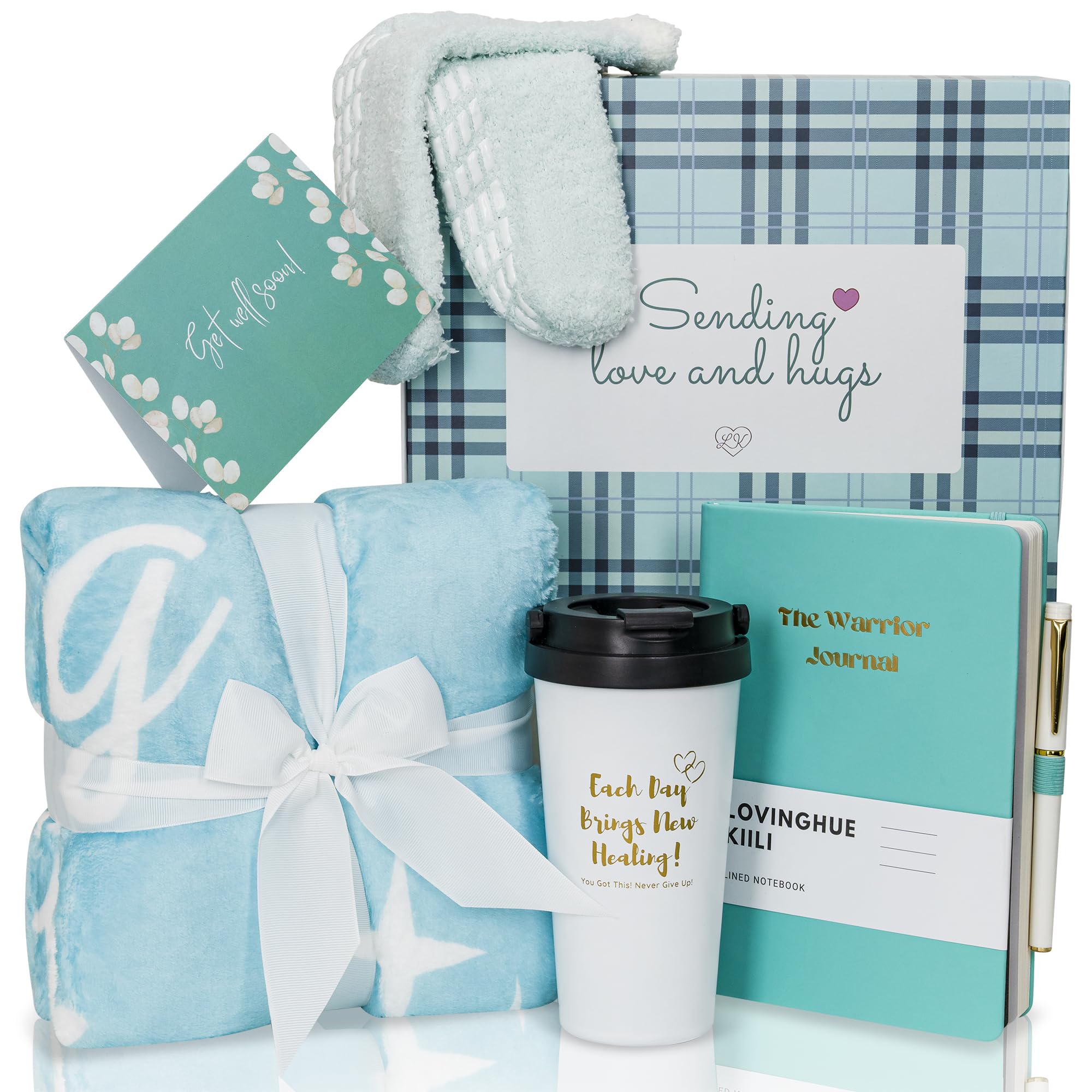 Loving Hue Chemo Care Package for Women, Cancer Care Packages for Women, Gifts for Cancer Patients, Get Well Soon Gift Basket Includes Travel Mug, Healing Blanket 47”x71” (Turquoise)