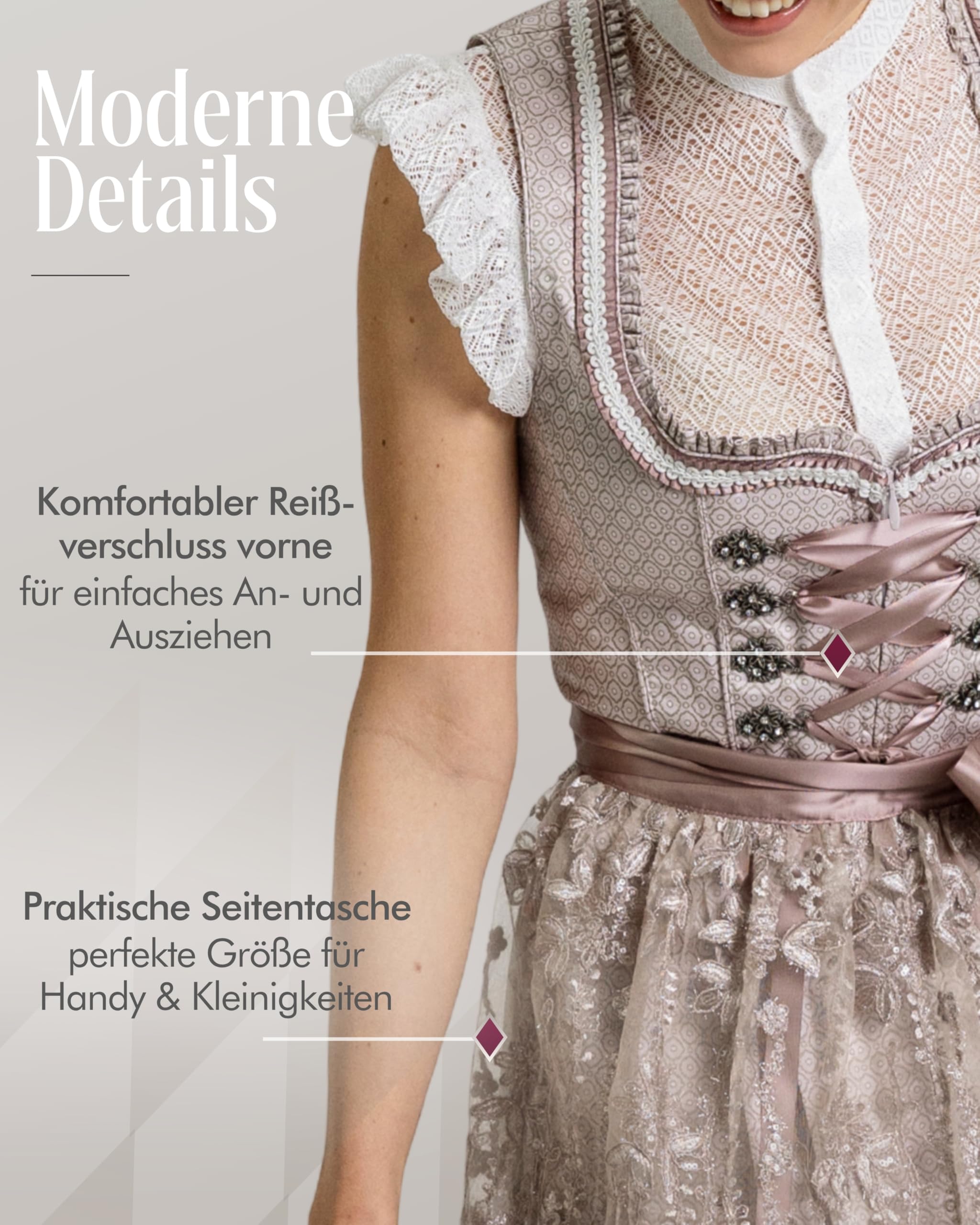 Nübler Damen Dirndl Tessa I Größen 30-48 I Midi-Dirndl mit Rocklänge 65 cm & passender Schürze I Festliches Trachtenkleid mit modernem Schnitt & dezenten Details I Ideal für Trachten & Festlichkeiten