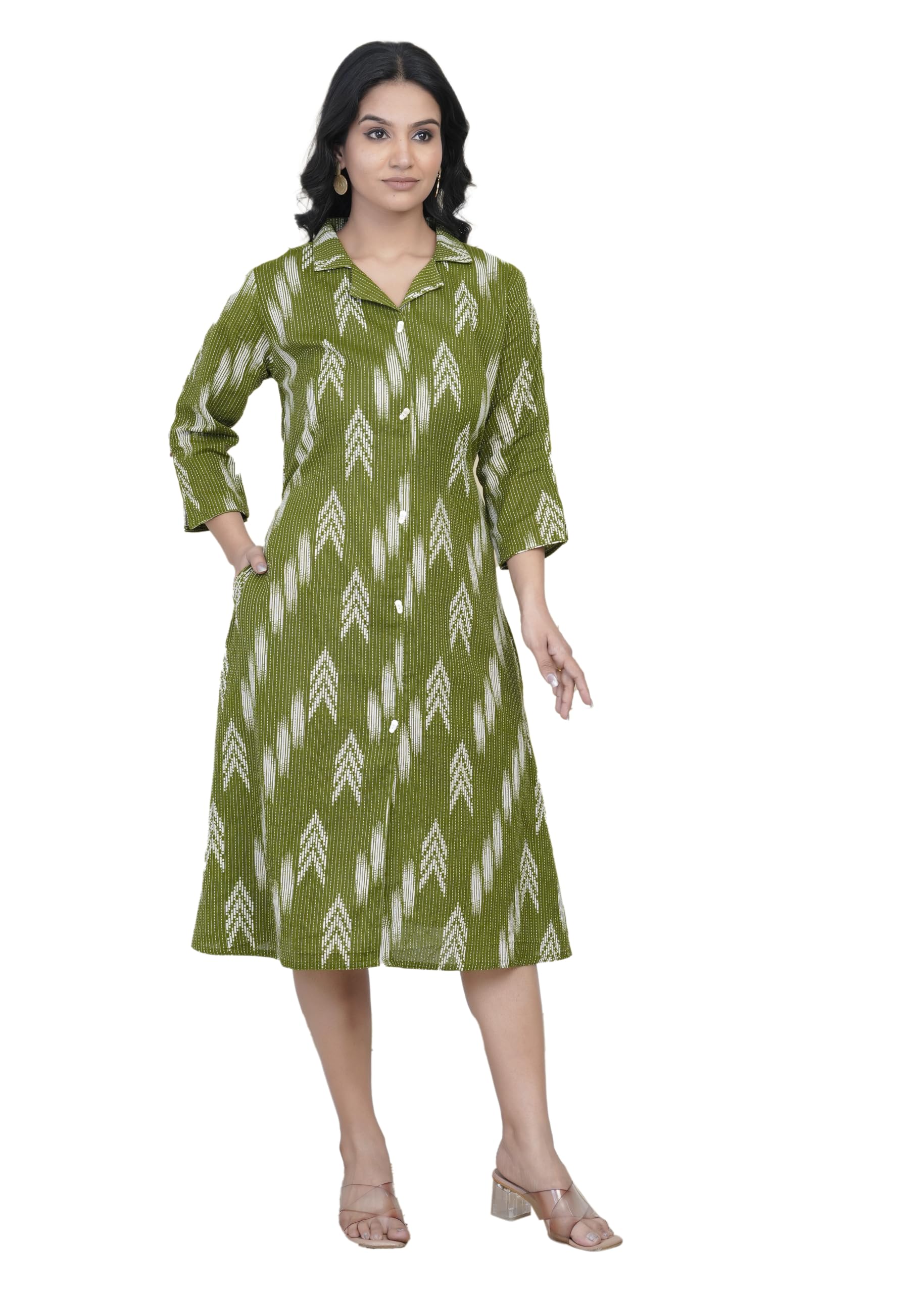 Women Cotton Printed Midi Dress | Collared Shirt Dress| A-Line Casual Office Wear| 3/4 Sleeve Summer Dress for Women | Stylish Dress-picture-32