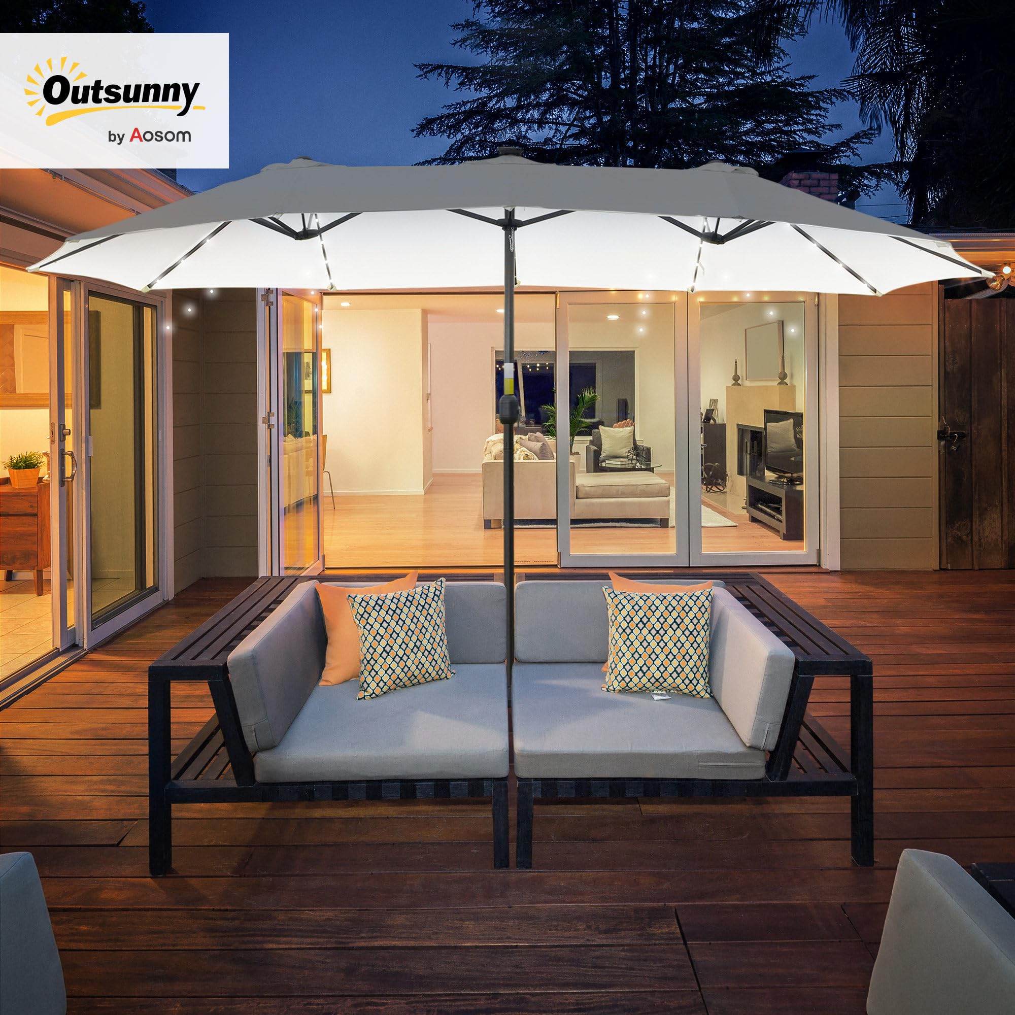 Outsunny Sombrilla Doble 4,5x2,7 m con 48 Luces LED Manivela | Sombrilla Terraza Exterior, Resistente al Agua y Protección Solar, Parasol para Jardín, Terraza, Patio y Piscina, Grandes
