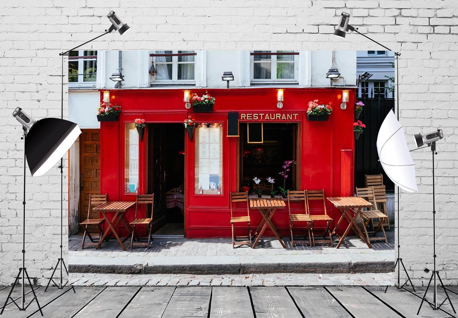 BELECO 7x5ft Fabric Italian Tuscan Street Cafe Backdrop Cafe Tables Chairs Old