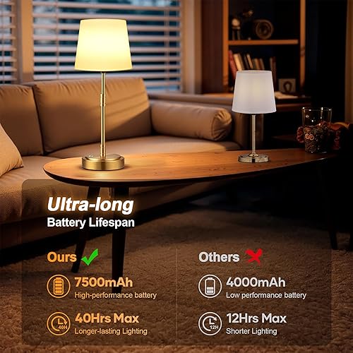 Miniatura 4 de Juego de 2 lámparas de mesa inalámbricas, funciona con pilas, con batería recargable de 7500 mAh, regulables continuas, vintage, oro cepillado,