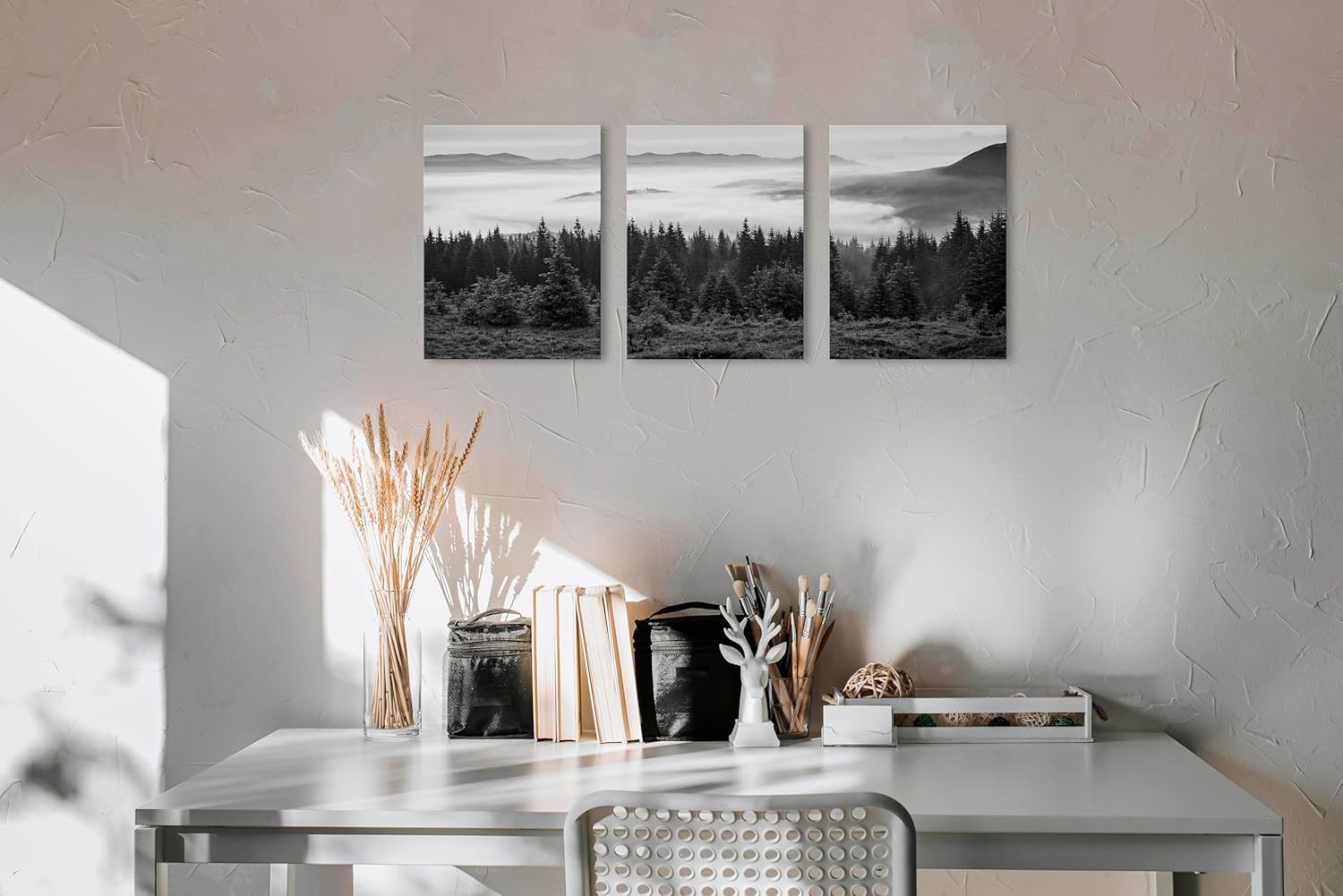 Black and White Smoky Mountain Canvas Wall Art Forest Pictures Wall Decor Misty Trees Landscape Photo Prints Paintings 3Pcs, Nature Scenery Posters Artwork for Bathroom Living Room Decorations 12x16”