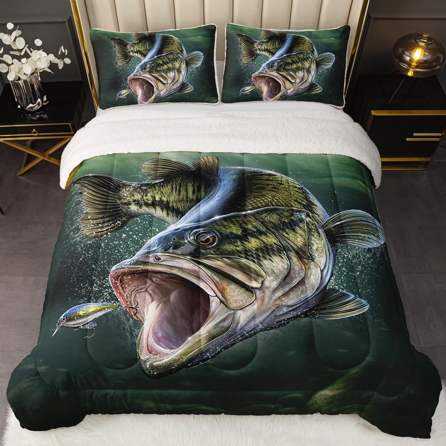 HOSIMA Micromink Sherpa Comforter Set,Striped Bass Big Fish