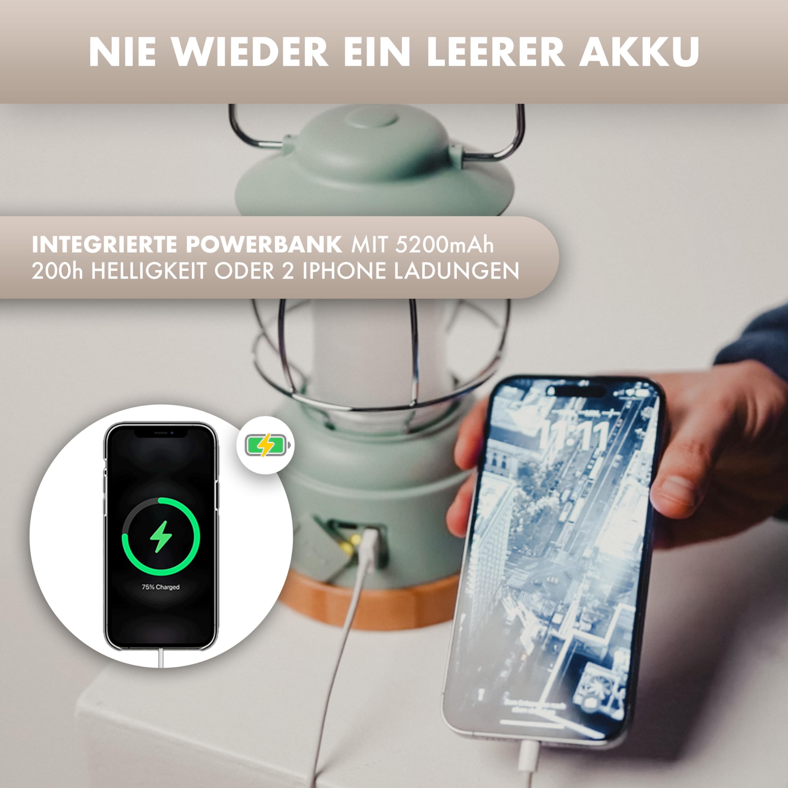 NATURBUMMLER Campinglampe aufladbar mit Powerbank [LUX Secure+] IPX4 wasserdicht & dimmbar – 5200 mAh Akku mit 200h Leuchtkraft für gemütliche Abende – LED Zeltlampe Campinglicht Outdoor