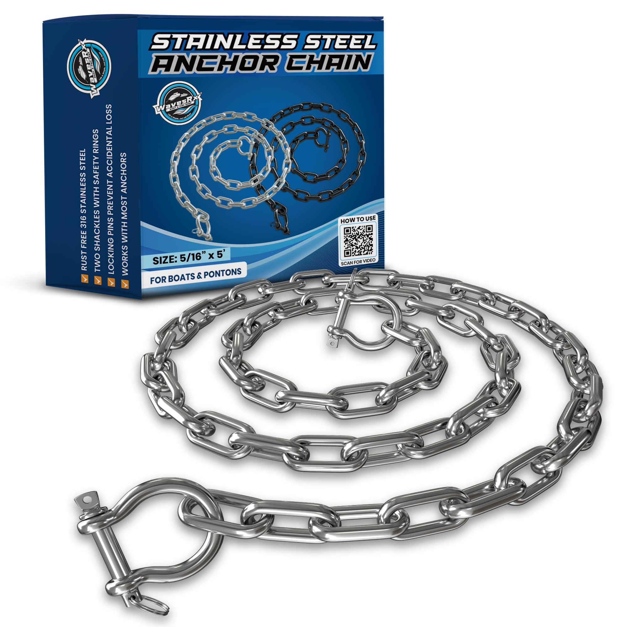 WAVESRX Stainless Steel Anchor Chain for Boats, Jet Skis & PWC l Premium Marine Grade Zero-Rust Boat Anchor Chain with Anti-Lost Dual Link Shackles | Must-Have Boat Accessories