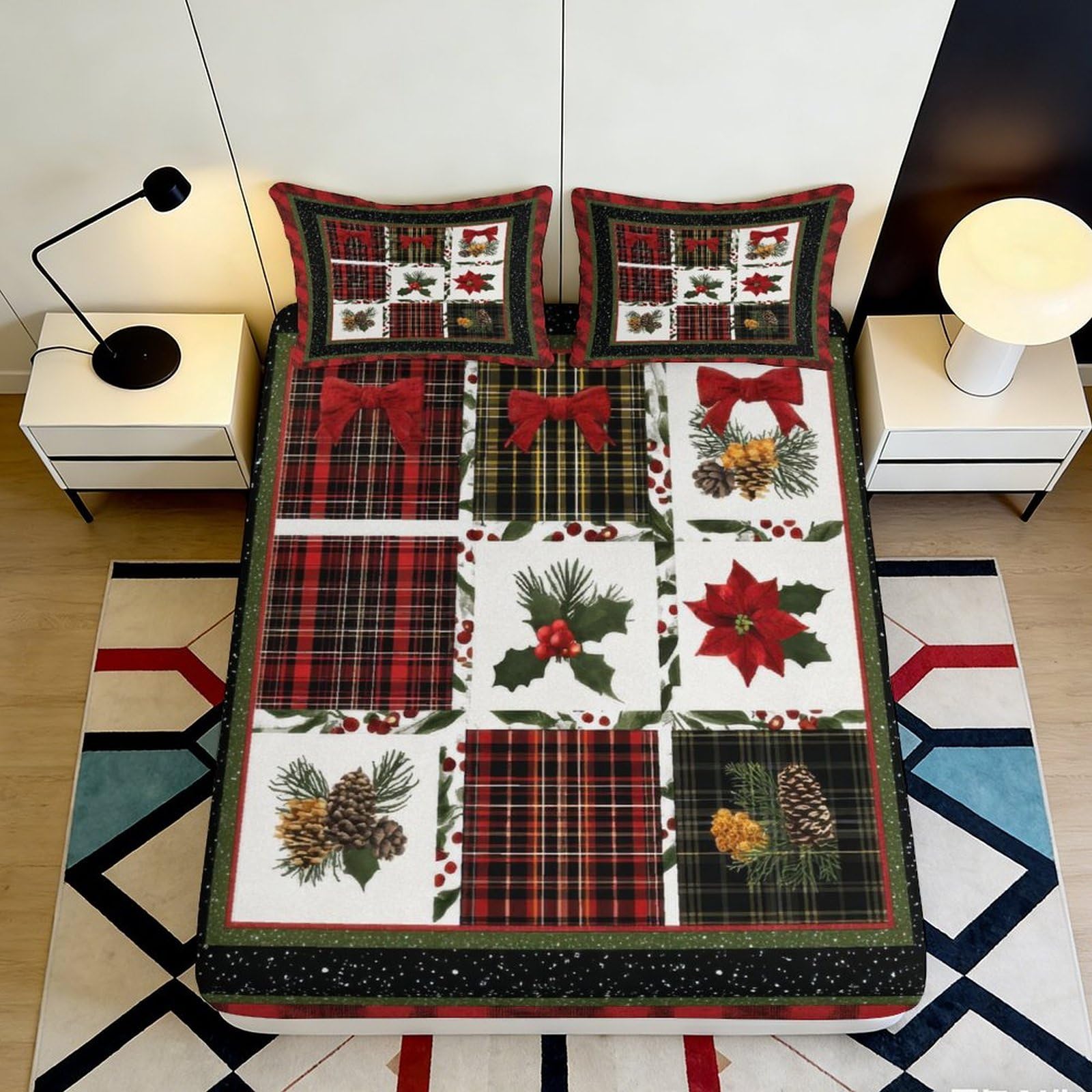 3D Printed Christmas Patchwork Fitted Sheet Microfiber Red Plaid Pinecone Bed Cover for Bedroom Dorm Mattress Protection 120x200x25cm