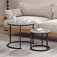 Vista 8 de HOJINLINERO Juego de 2 mesas de café redondas anidables, mesas auxiliares para sala de estar, mesa de café circular y de mármol con estructura