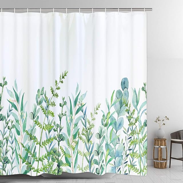 Alishomtll Shower Curtain with 12 Hooks Leaves Bath Curtain Washable Textile Anti-Mould Children Bath Digital Print 180 x 200 cm White Green