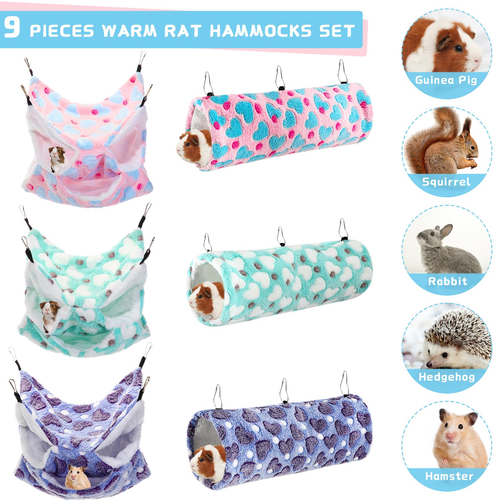 Abbylike Set di 9 amache calde per topi e piccoli animali, tunnel da appendere, giocattolo per porcellini d'India, furetti, criceti, gabbie, accessori per furetti, cincillà, amaca, dormienti,