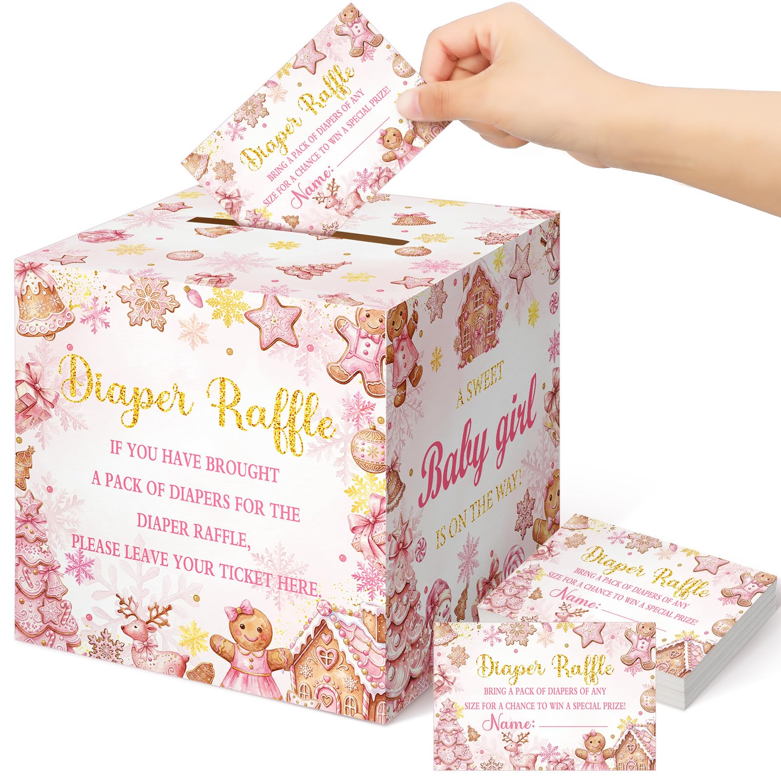 Teling 51 Pieces Diaper Raffle Tickets with Card Box,Pink Gingerbread Christmas Style