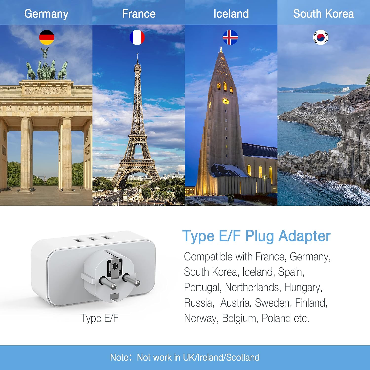 TESSAN Type E F Plug Adapter 2 Pack, Germany France Power Adapter, Schuko Plug with 2 AC Outlet 3 USB Charger, Travel Adaptor for US to Europe EU Spain Iceland Greece Korea Russia German French