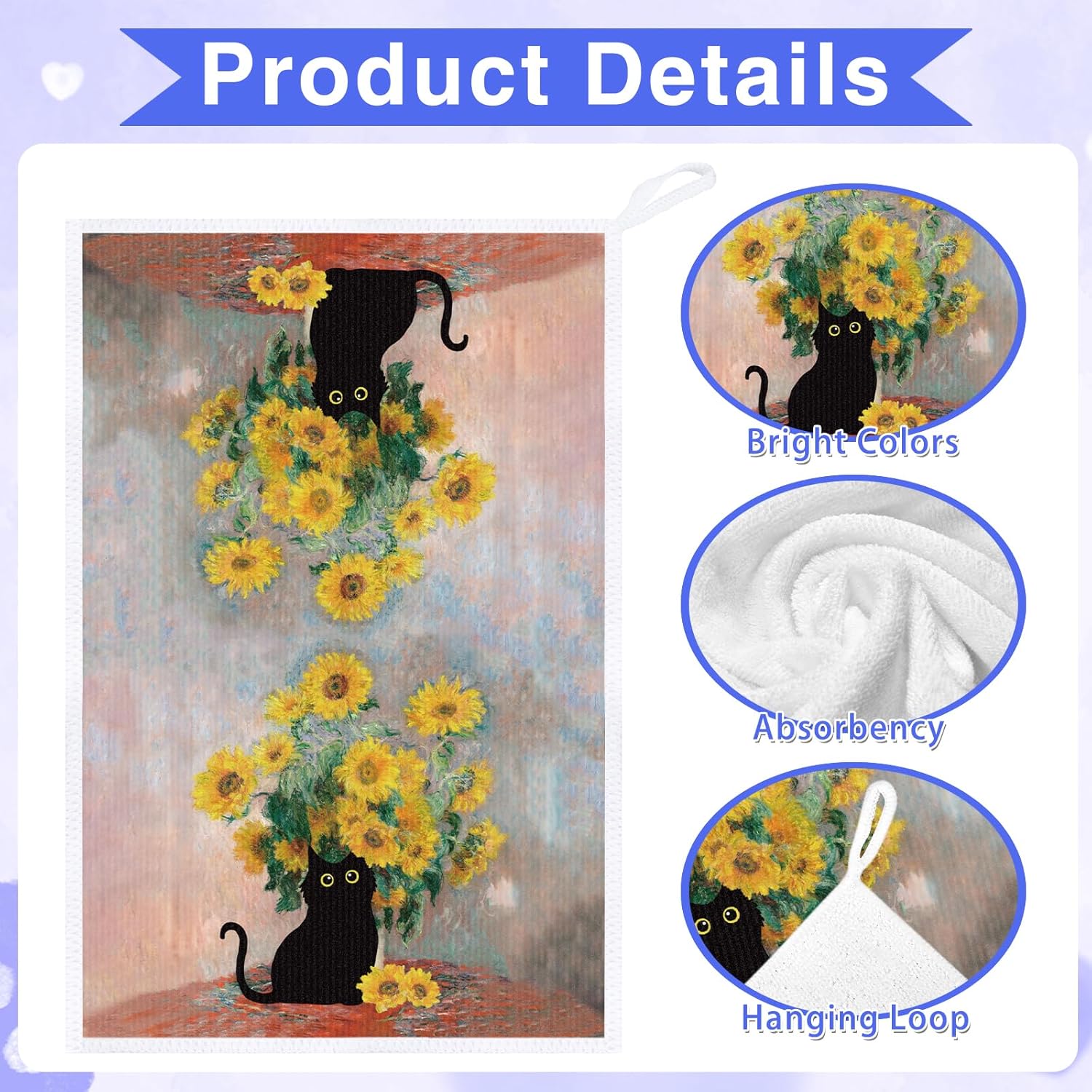 Black Cat Kitchen Towels, 4PCS Oil Painting Dish Towels for Cooking Cleaning, Absorbent Aesthetic Decorative Tea Towel with Hanging Loop for Home Kitchen(16 X 24 Inches) - Image 3