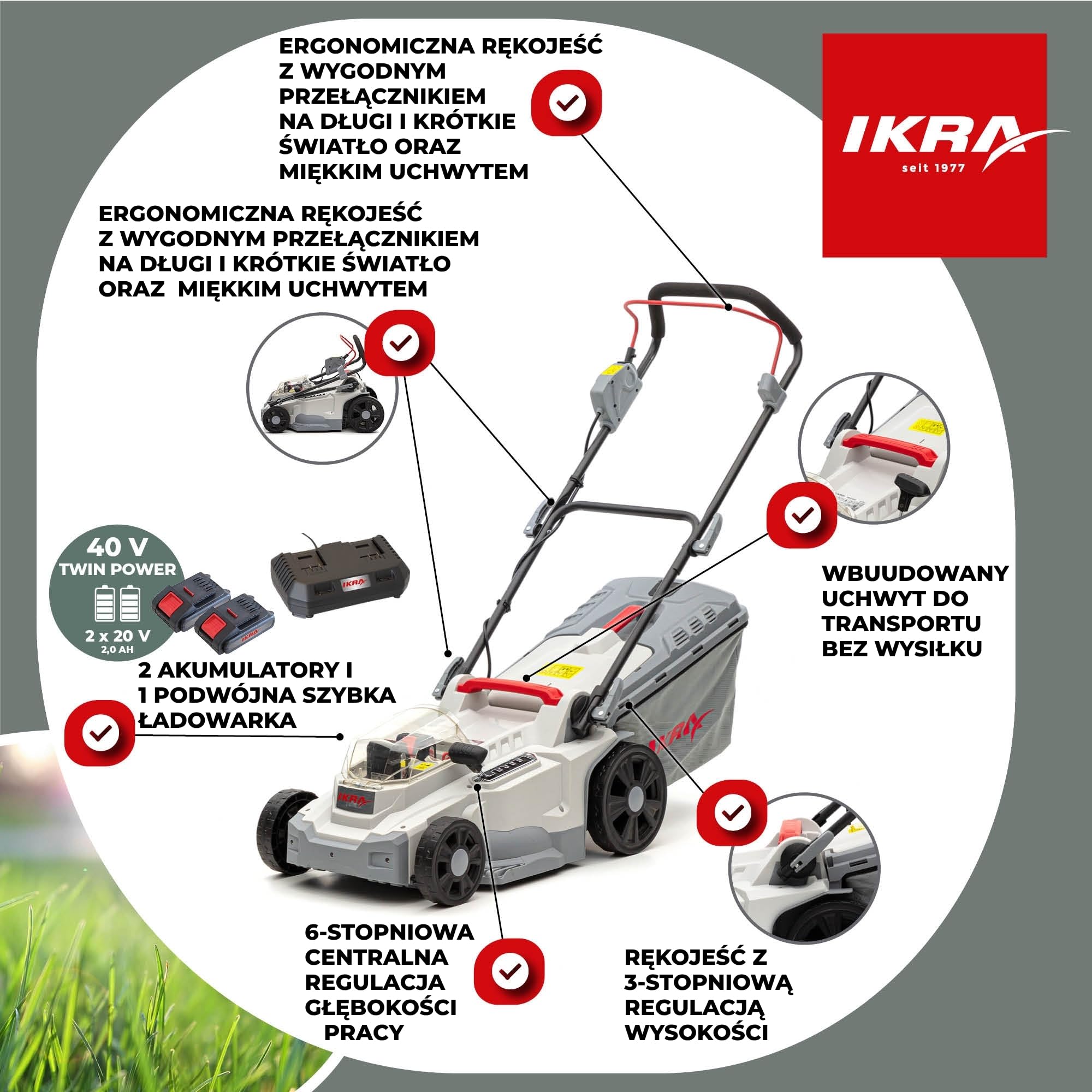 IKRA Kosiarka ICM 2/2037, szerokość 37cm, 2 akumulatory, ładowarka | Wysokość koszenia 25–75 mm, funkcja mulczowania do 250 m², regulowany uchwyt, kosz 40 l, system akumulatorów IKRA 20 V