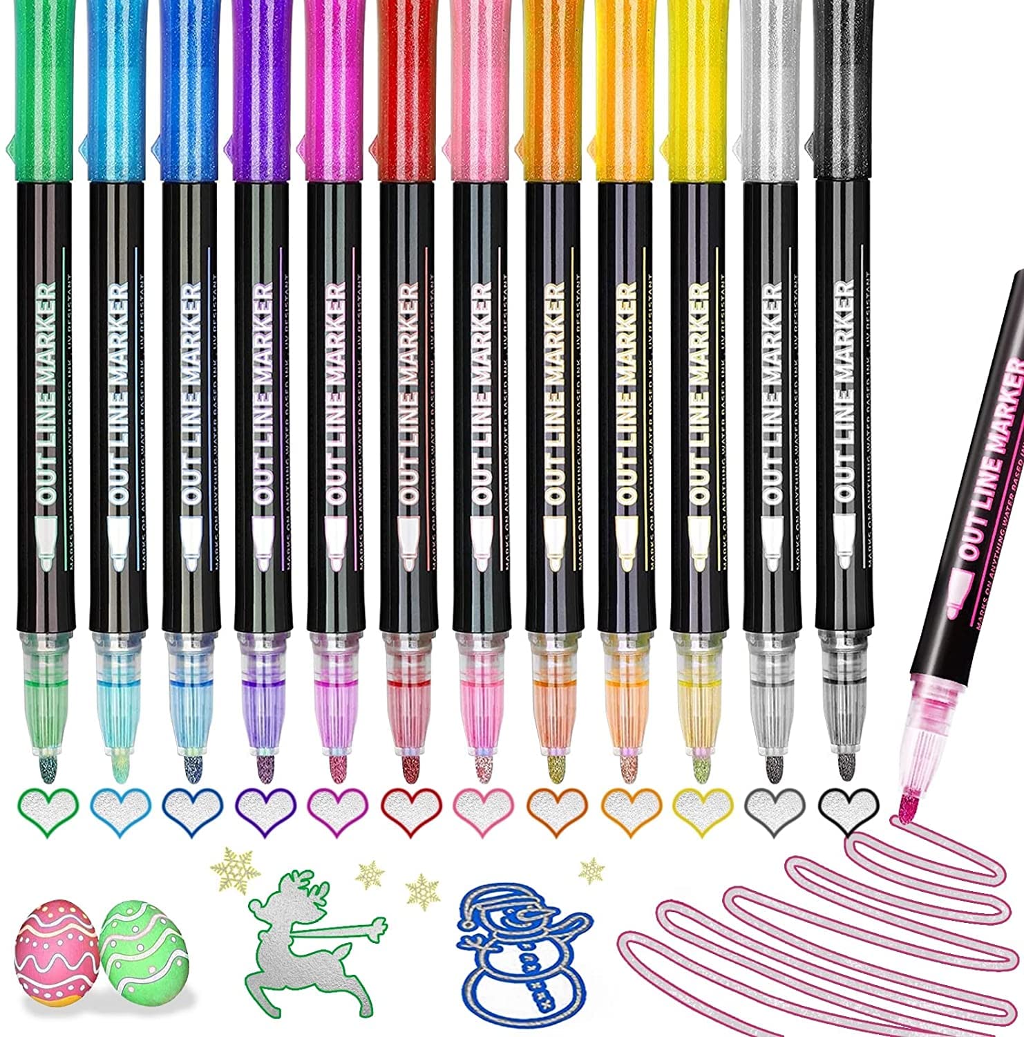 Metallic Outline Markers - Acrylic Paint Pens for Craft Painting, Double Line Writing Drawing Shimmer Effect Highlighter - for Christmas, Thank You Gift Card Making Birthday Greeting, DIY Art Crafts