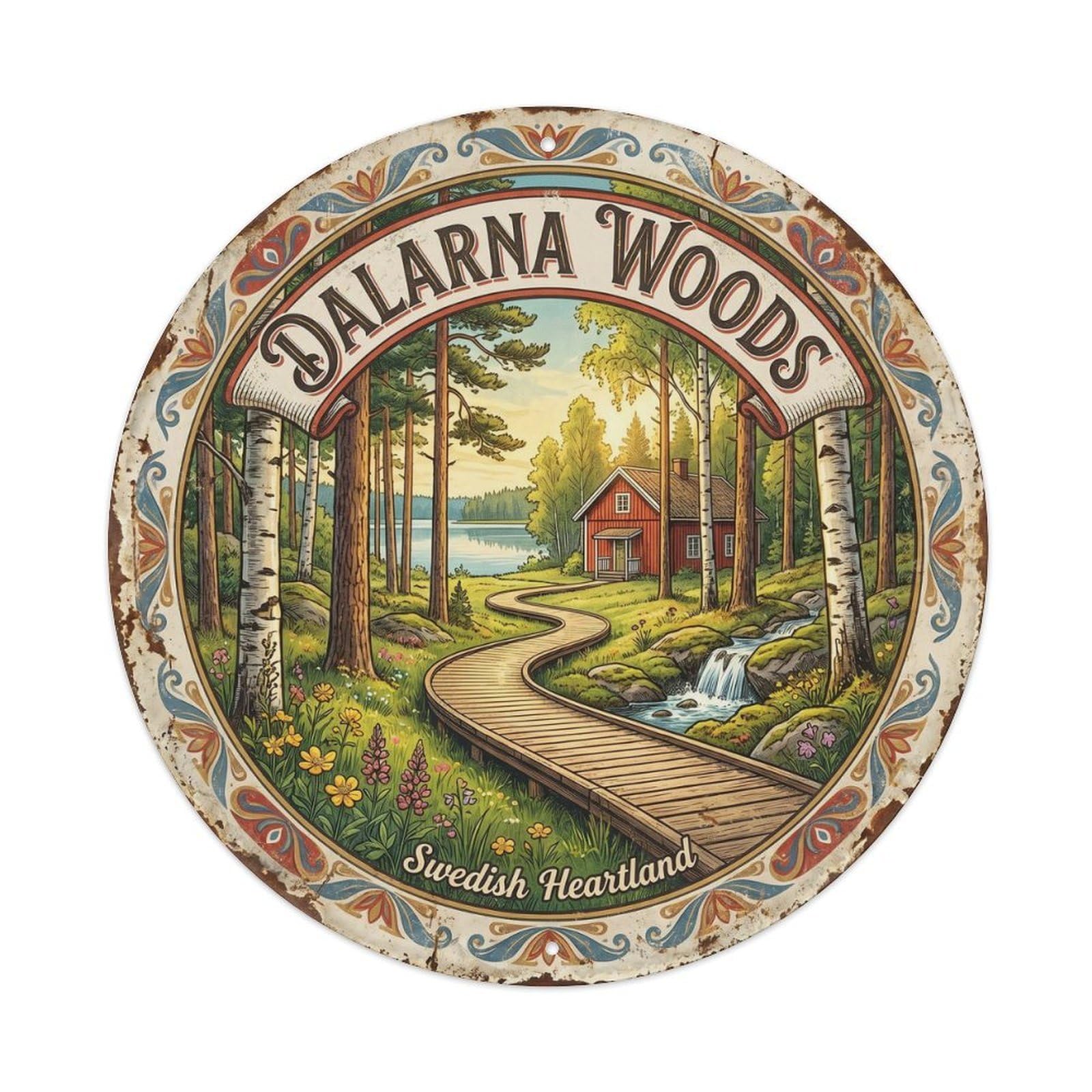 Vintage Travel Dalarna Forest Sweden Countryside Metal Tin Sign Plaque Wall Decor for Cafe, Club, Garden Round Metal Poster 8x8Inch