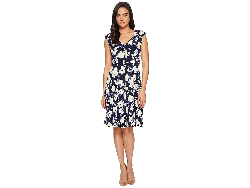 

London Times Printed Matte Jersey Scatter Stem Dress (Navy/Yellow) Women's Dress