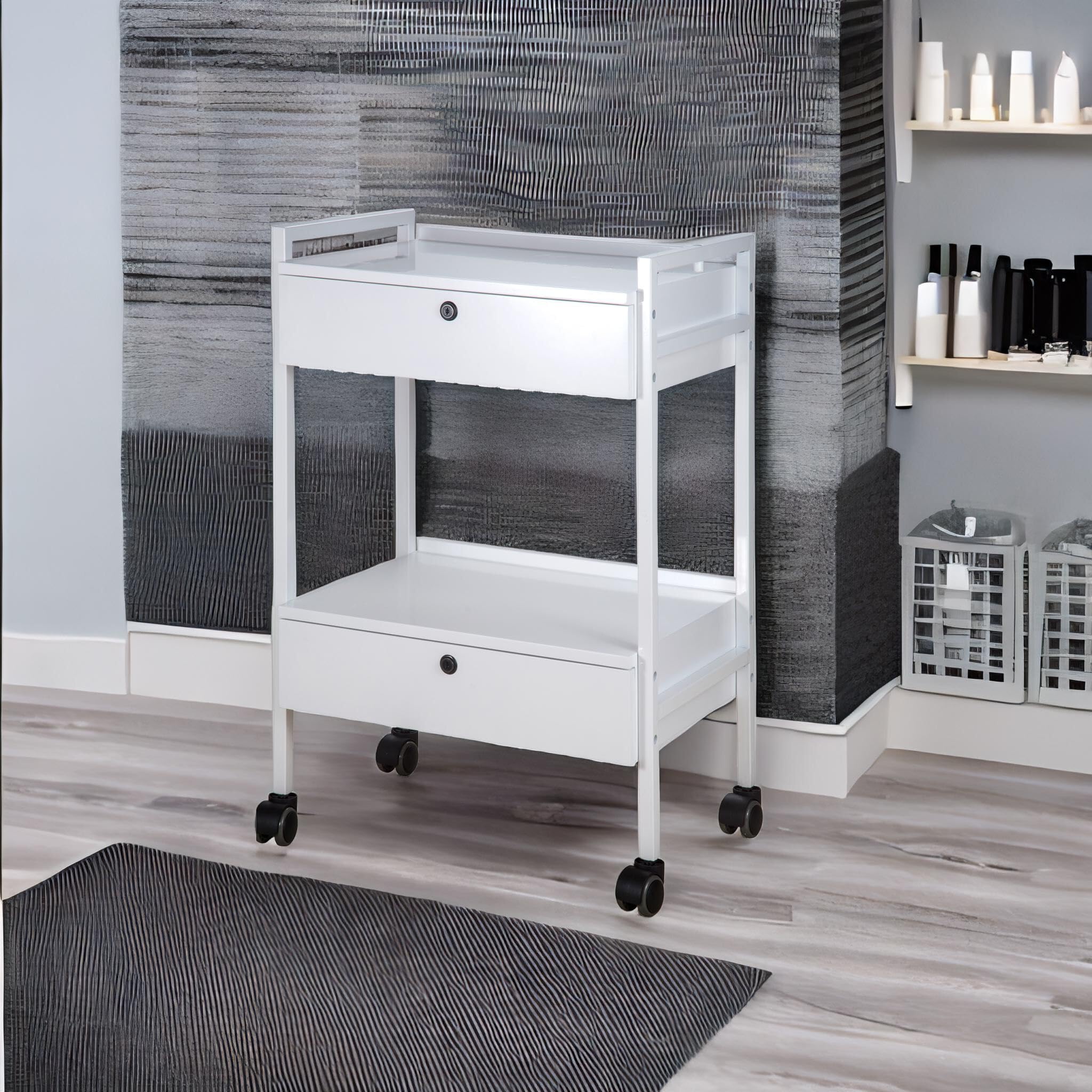 Beistellwagen 22 D SF – 2 abschließbare Schubladen, mobiler Studio-Wagen mit robustem Metallrahmen & stilvollem Design, ideal für Salons – Weiß