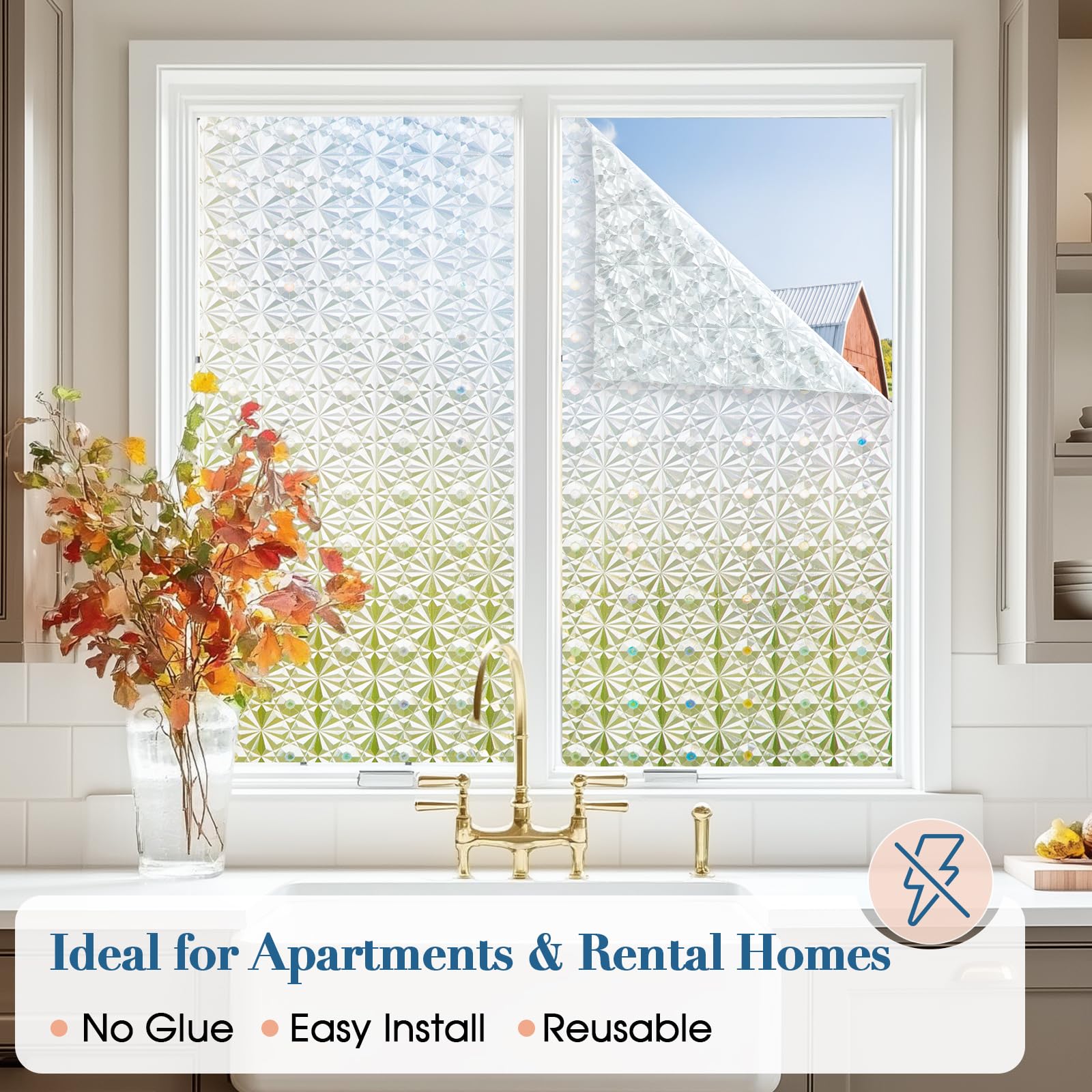 Windimiley 3D-Diamant-Milchglas-Fenster-Sichtschutzfolie, statisch haftend, kein Kleber, entfernbares Vinyl, UV-blockierend, Hitzekontrolle, mietfreundlich, dekorative Abdeckung für Badezimmer