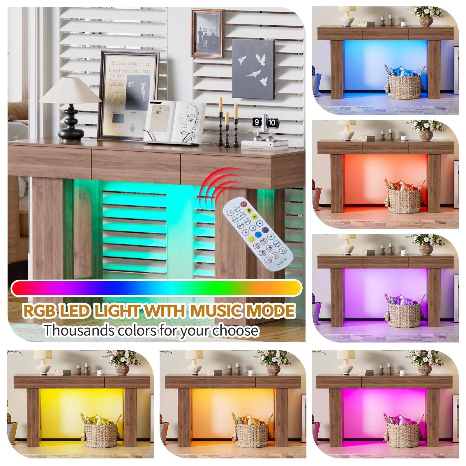 Tavolino Console da Ingresso Lungo 140CM Consolle Rettangolare con luci LED e 3 Cassetti Tavolino Consolle in Legno Tavolo d'Ingresso da Posizionare Dietro il Divano per Salotto,Corridoio e Entrata