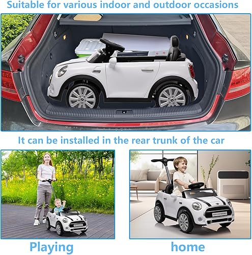 Miniatura 8 de Auto de empuje para niños, auto de paseo con licencia MINI Cooper con varilla de empuje ajustable, música de bocina, cinturón de seguridad,