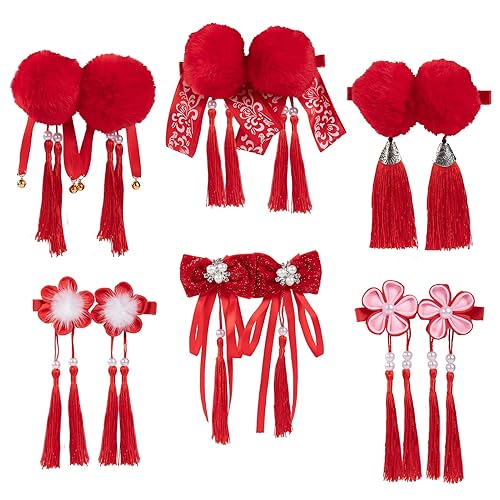 6 pares de pinzas para el pelo de Año Nuevo chino para niñas  Pasadores de pelo con borla china con bolas peludas, lazos rojos, horquillas de estilo