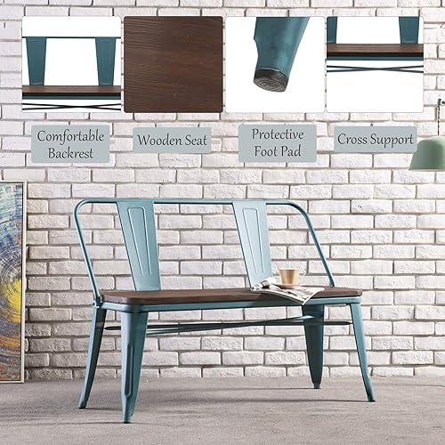 Miniatura 5 de YOLENY Banco de comedor, banco de entrada con respaldo, banco de comedor de metal de granja, banco industrial de mediados de siglo para 3 personas,