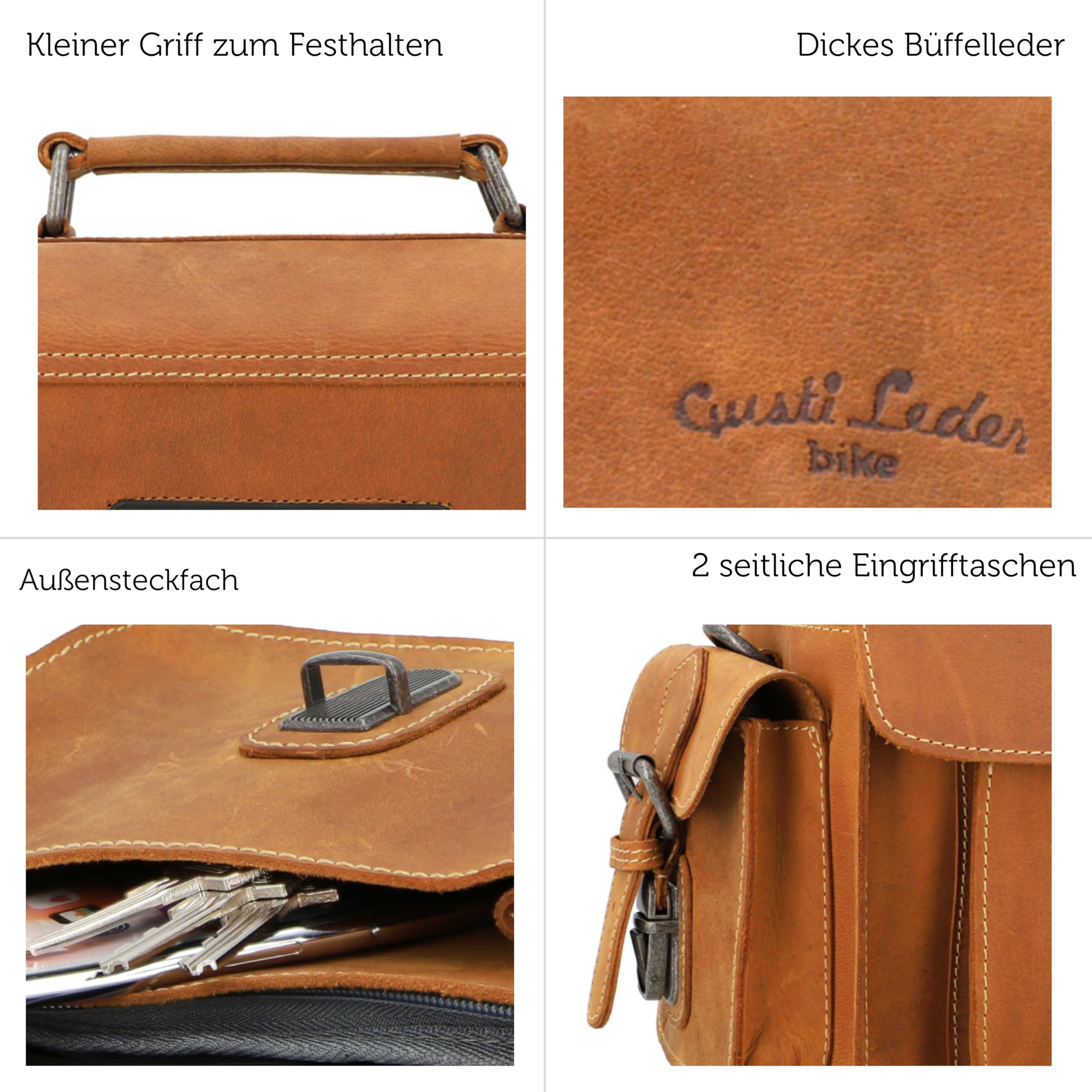 Gusti 2 in 1 Lenkertasche Leder - Gabriel Umhängetasche Fahrradtasche Tasche Ledertasche Vintage Braun Leder kompatibel mit KlickFix ohne Adapter