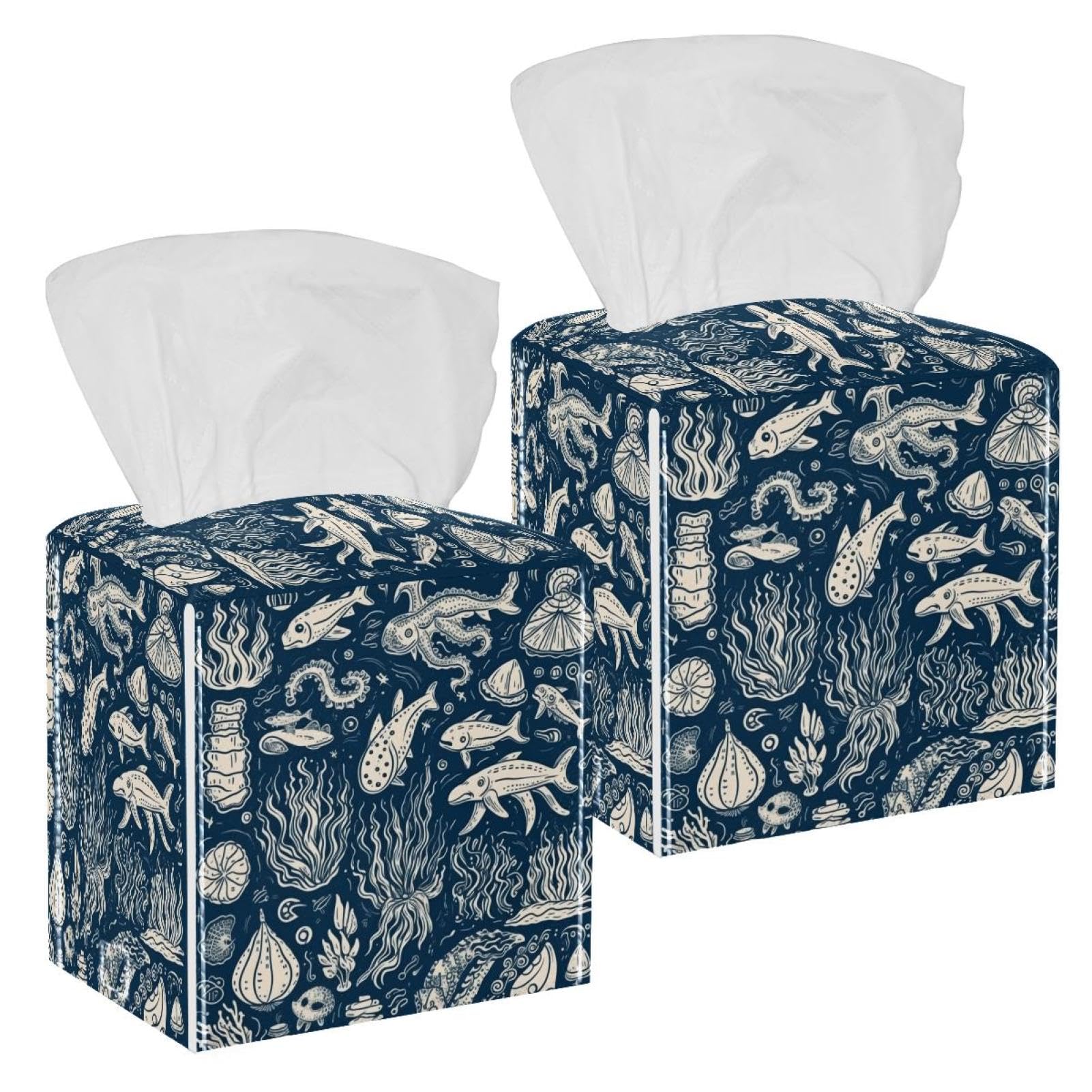 Underwater World Tissue Box Cover, 2 Pack PU Leather Square Facial Tissue Dispenser Box holder for Home Office Car