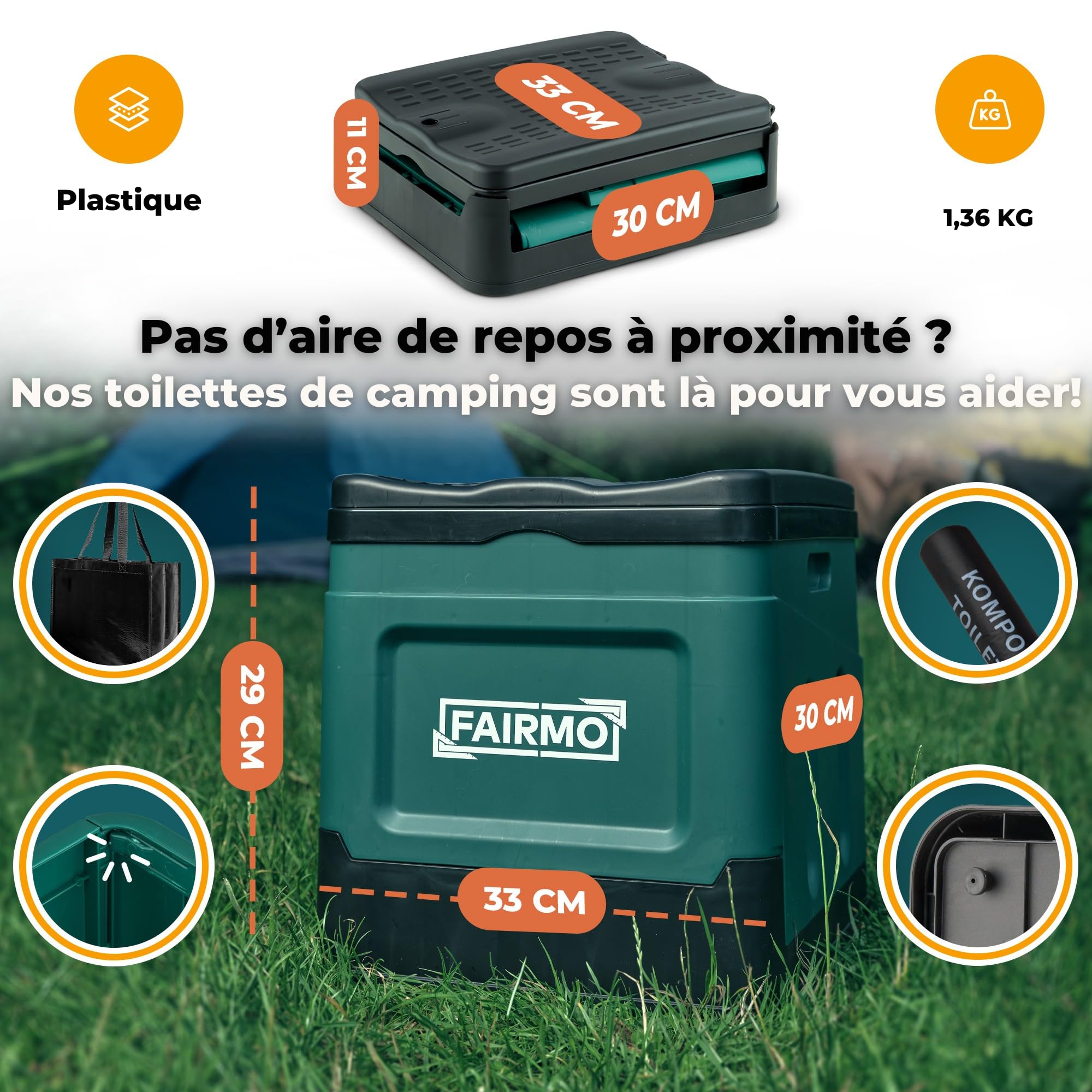 FAIRMO Toilettes de camping compactes pliables (avec sac et 24 sacs) – Toilettes sèches Camping sans produits chimiques – Toilettes de camping avec couvercle – En déplacement, festival, urgence